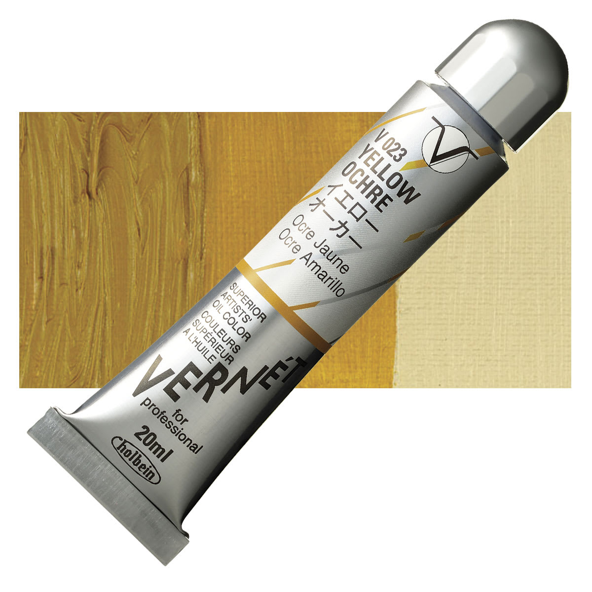 Holbein Vernét Superior Artists' Oil Paint - Yellow Ochre, 20 ml tube and swatch