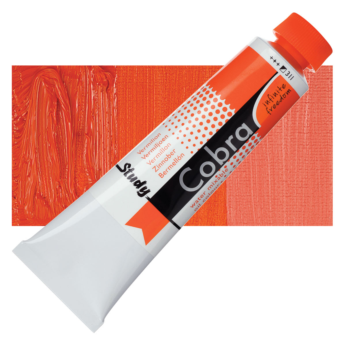 Royal Talens Cobra Study Water Mixable Oil Paint - Vermilion, 40 ml tube and swatch