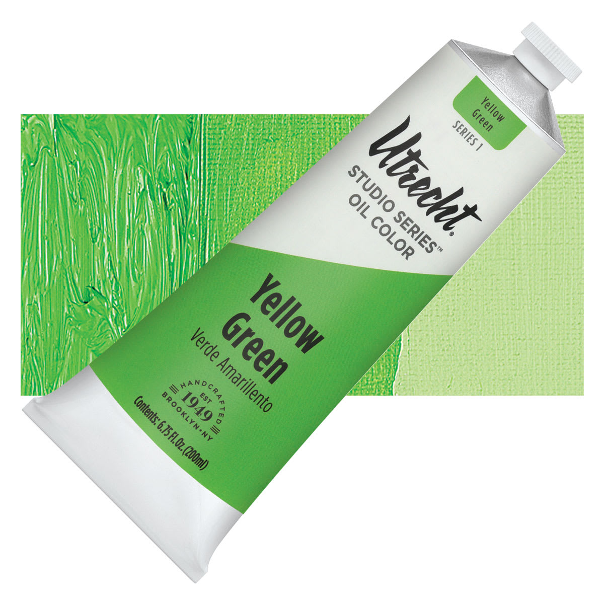 Utrecht Studio Series Oil Paint - Yellow Green, 200 ml tube and swatch