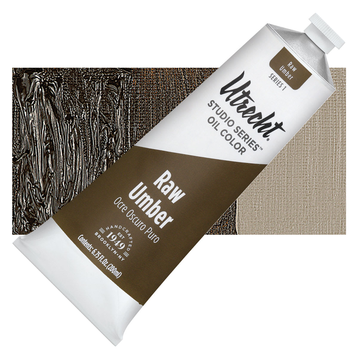 Utrecht Studio Series Oil Paint - Raw Umber, 200 ml tube and swatch