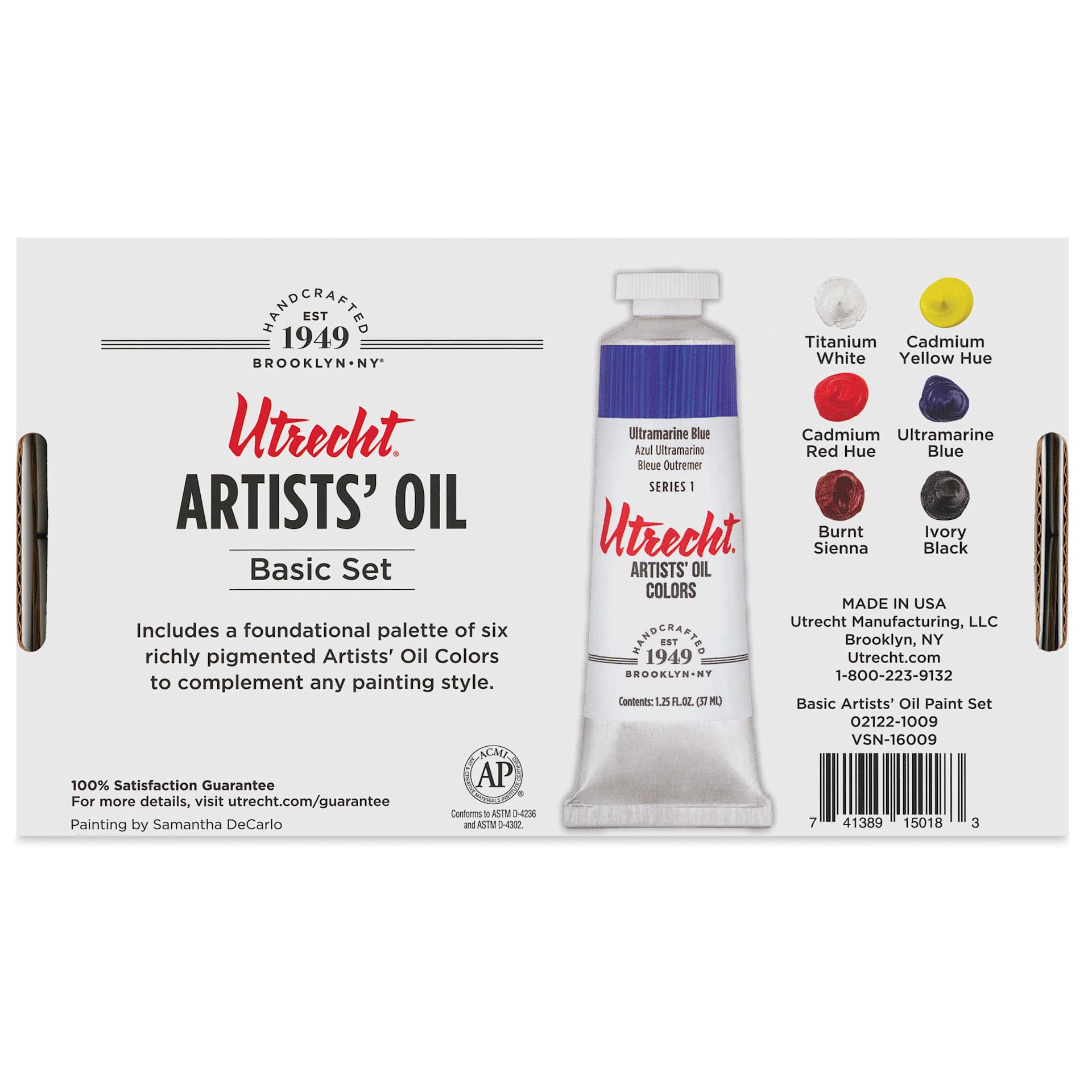 Utrecht Artists' Oil Paint Set - Basic Set, Set of 6 colors, 37 ml tubes, back of packaging