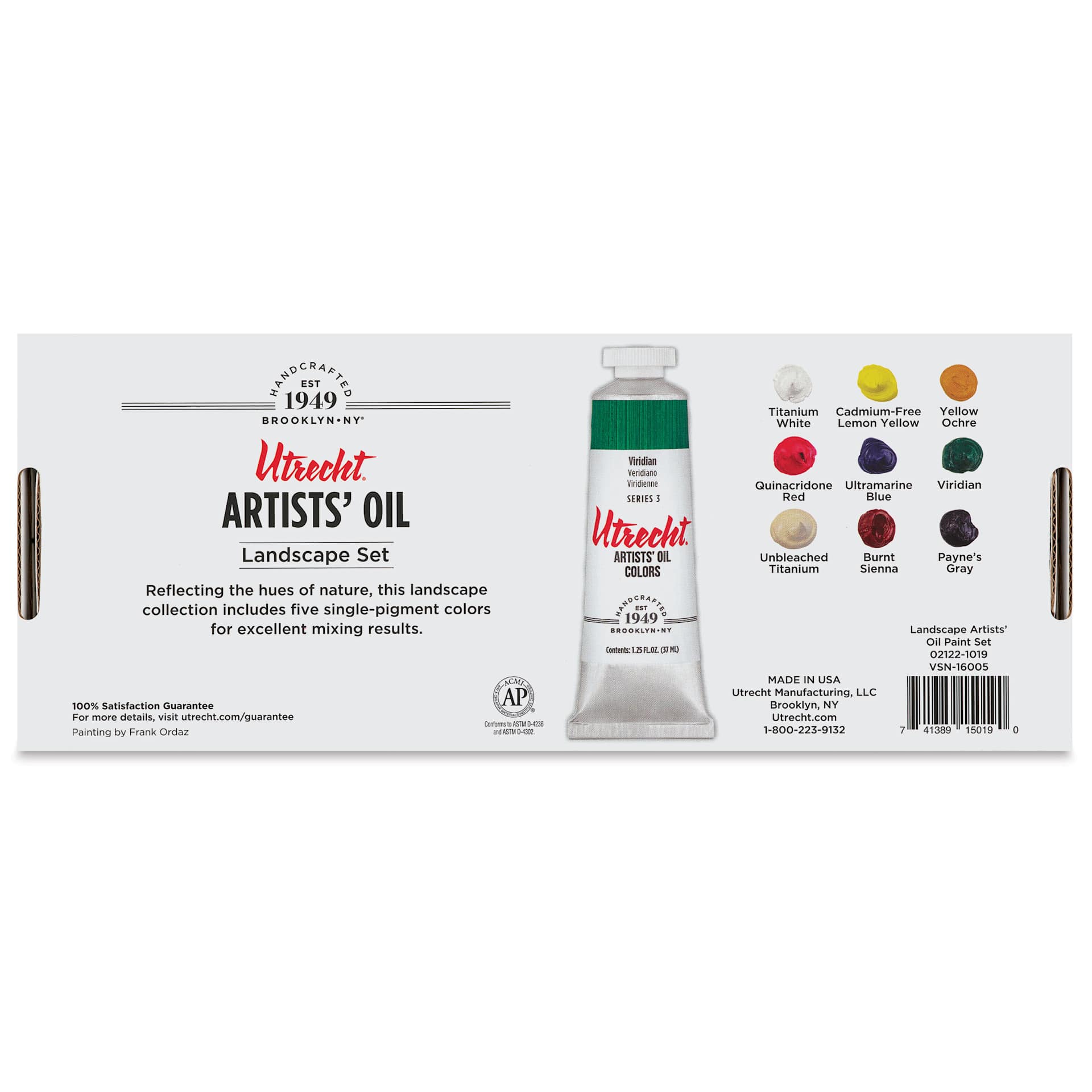Utrecht Artists' Oil Paint Set - Landscape Set, Set of 9 colors, 37 ml tubes, back of packaging