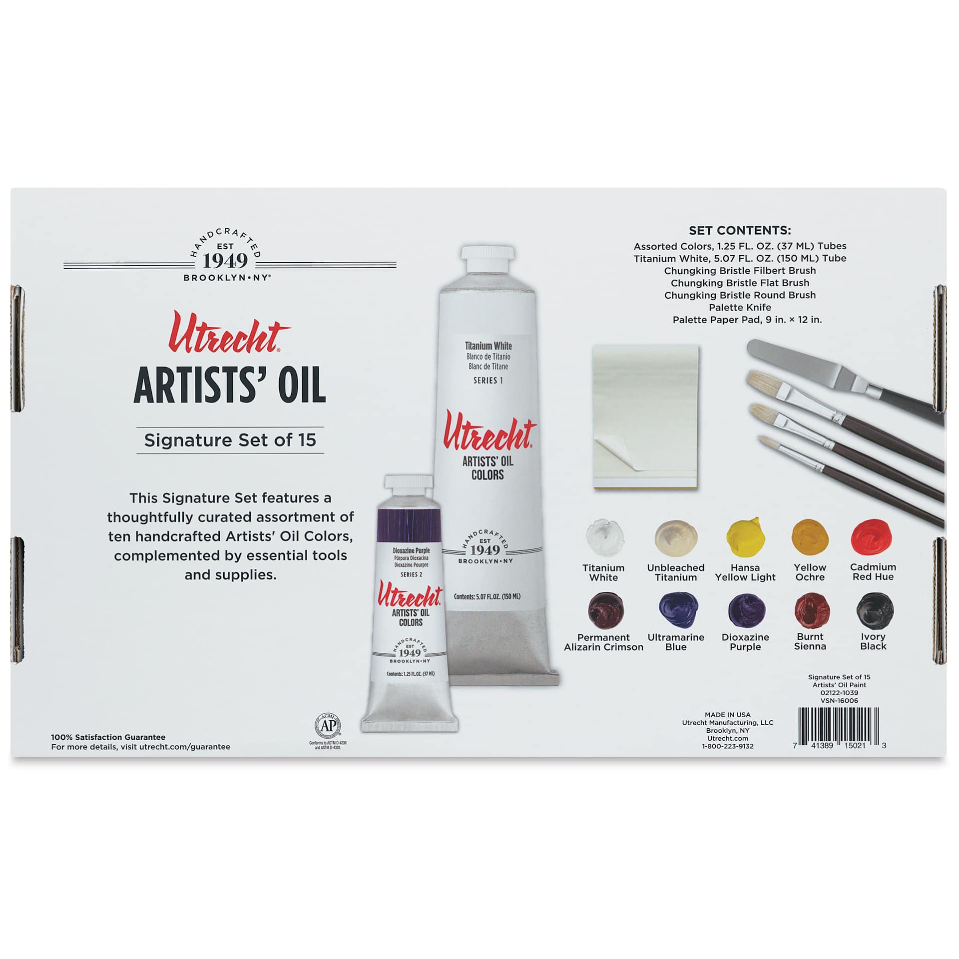 Utrecht Artists' Oil Paint Set - Signature Set, Set of 15, back of packaging