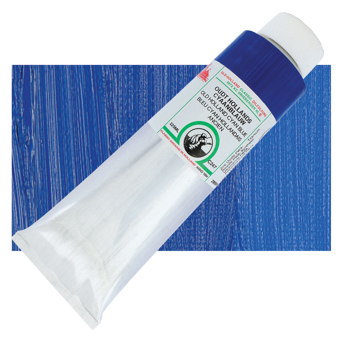 Old Holland Classic Oil Color - Old Holland Cyan Blue, 225 ml tube and swatch