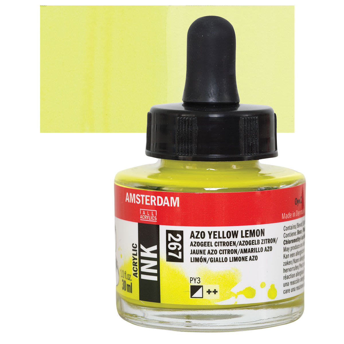 Amsterdam Acrylic Ink - Azo Yellow Lemon, 30 ml bottle and swatch