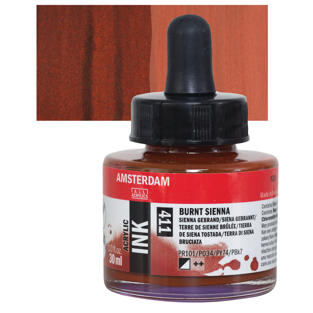 Amsterdam Acrylic Ink - Burnt Sienna, 30 ml bottle and swatch