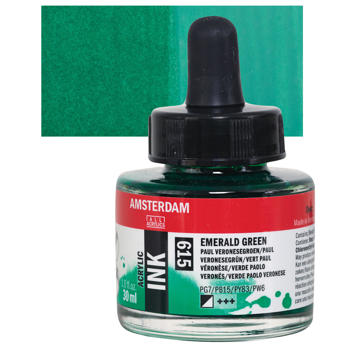 Amsterdam Acrylic Ink - Emerald Green, 30 ml bottle and swatch