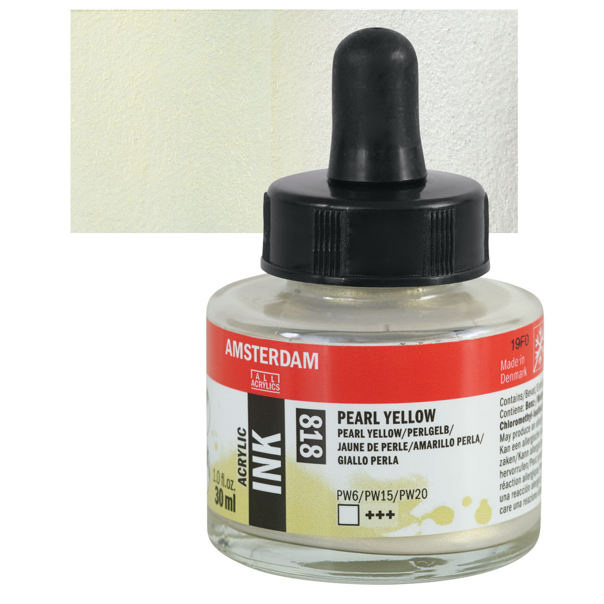 Amsterdam Acrylic Ink - Pearl Yellow, 30 ml bottle and swatch