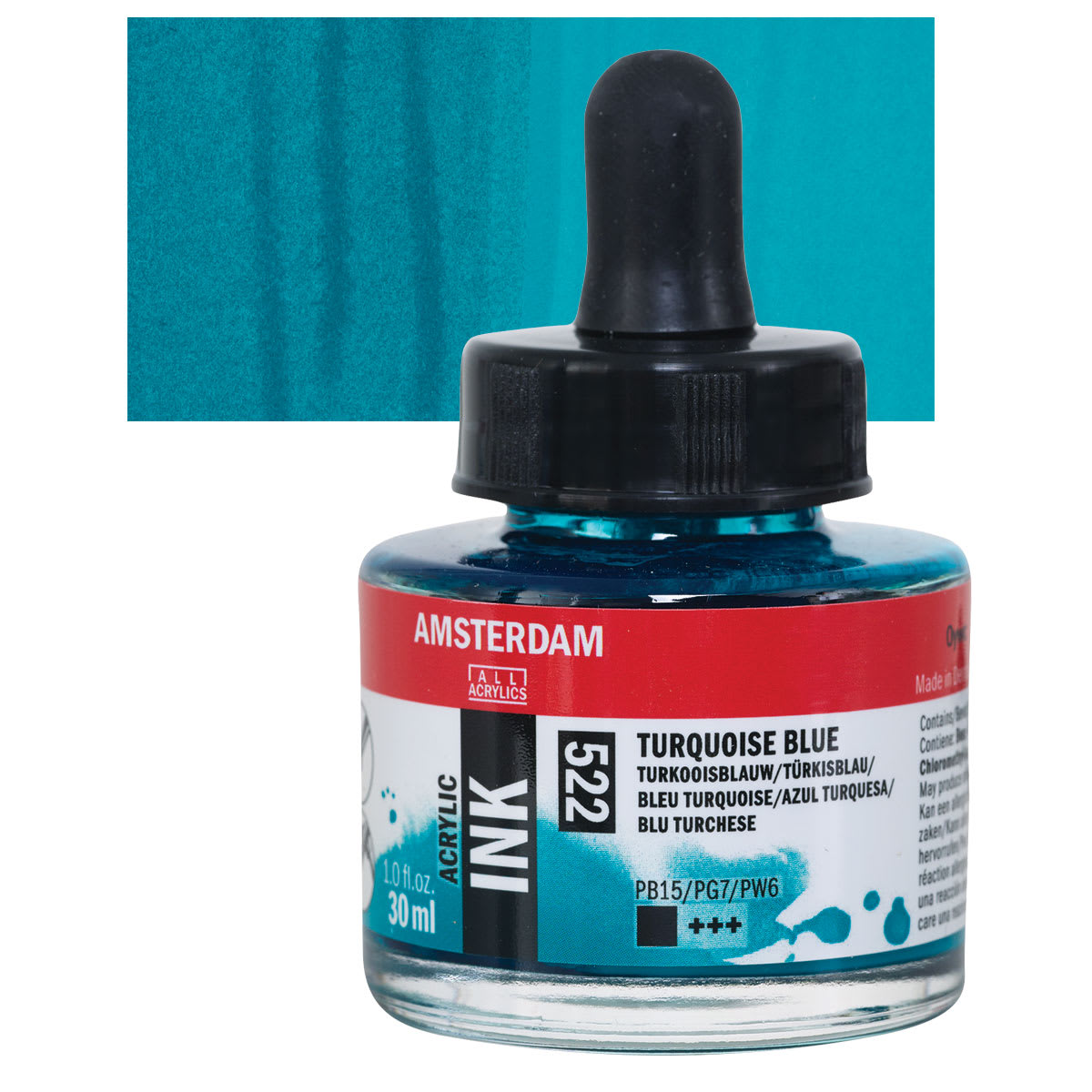 Amsterdam Acrylic Ink - Turquoise Blue, 30 ml bottle and swatch