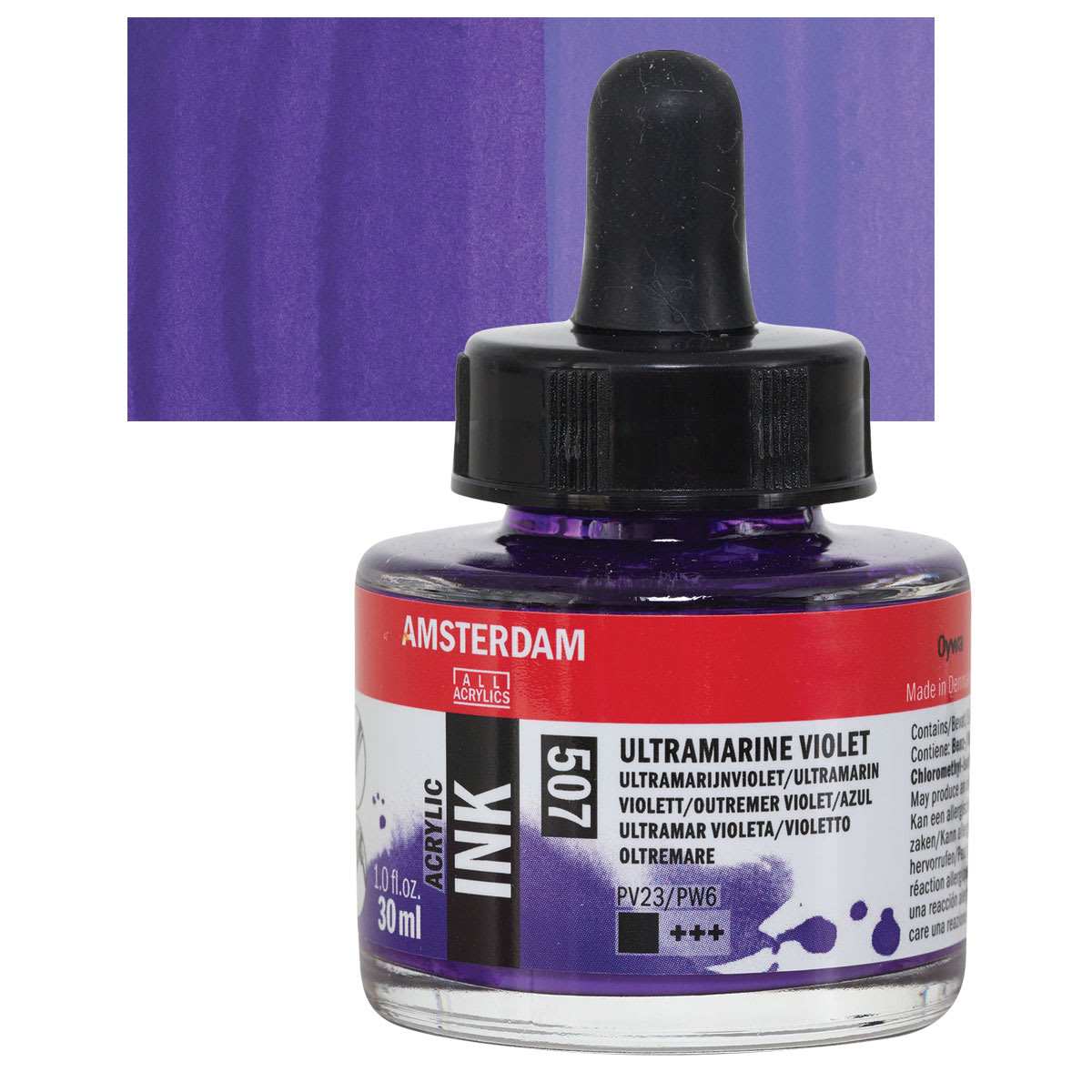 Amsterdam Acrylic Ink - Ultramarine Violet, 30 ml bottle and swatch