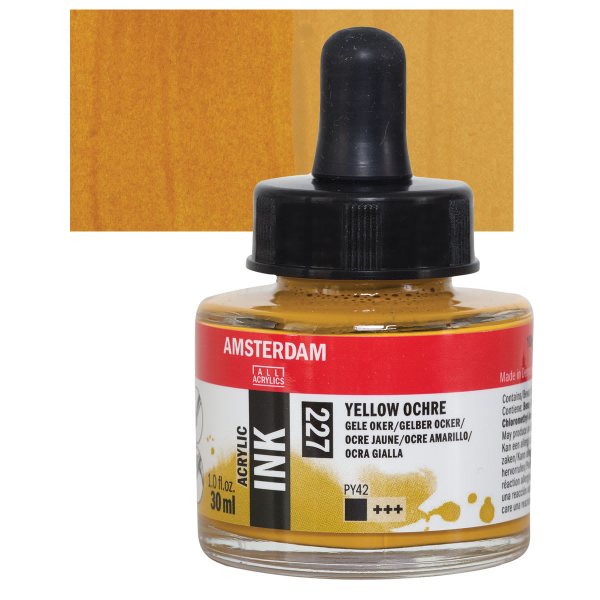Amsterdam Acrylic Ink - Yellow Ochre, 30 ml bottle and swatch