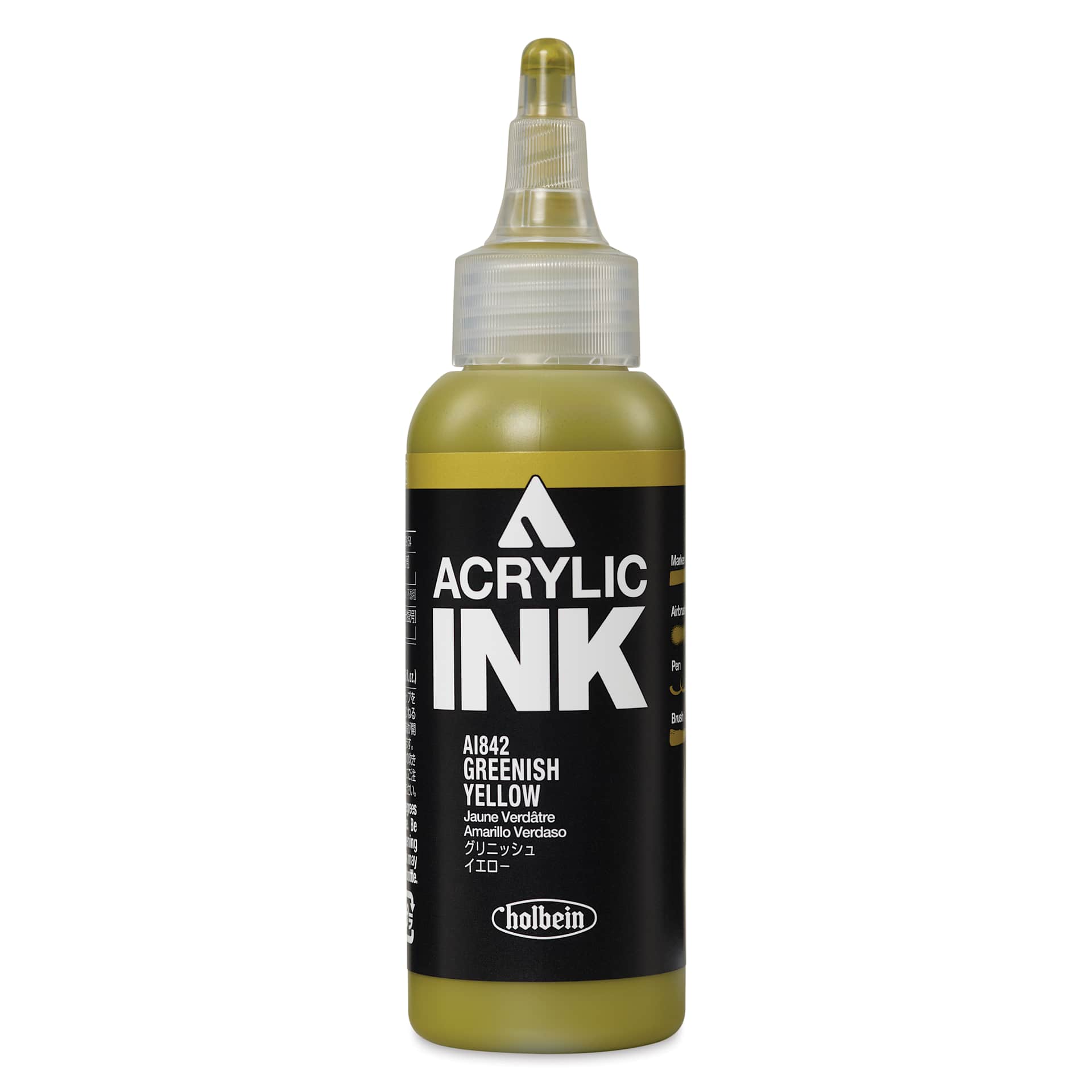 Holbein Acrylic Ink - Greenish Yellow, 100 ml, front of the bottle