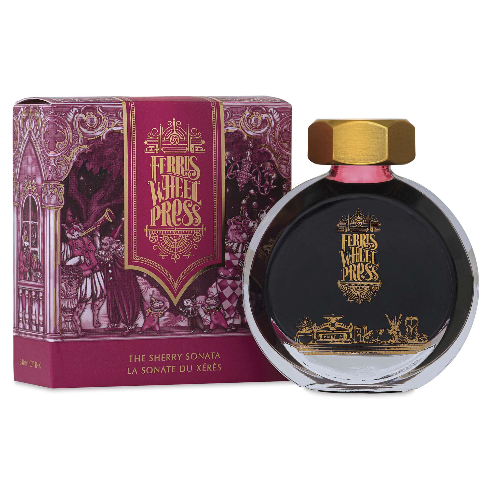 Ferris Wheel Press Fountain Pen Ink - The Sherry Sonata, 38 ml, bottle and packaging