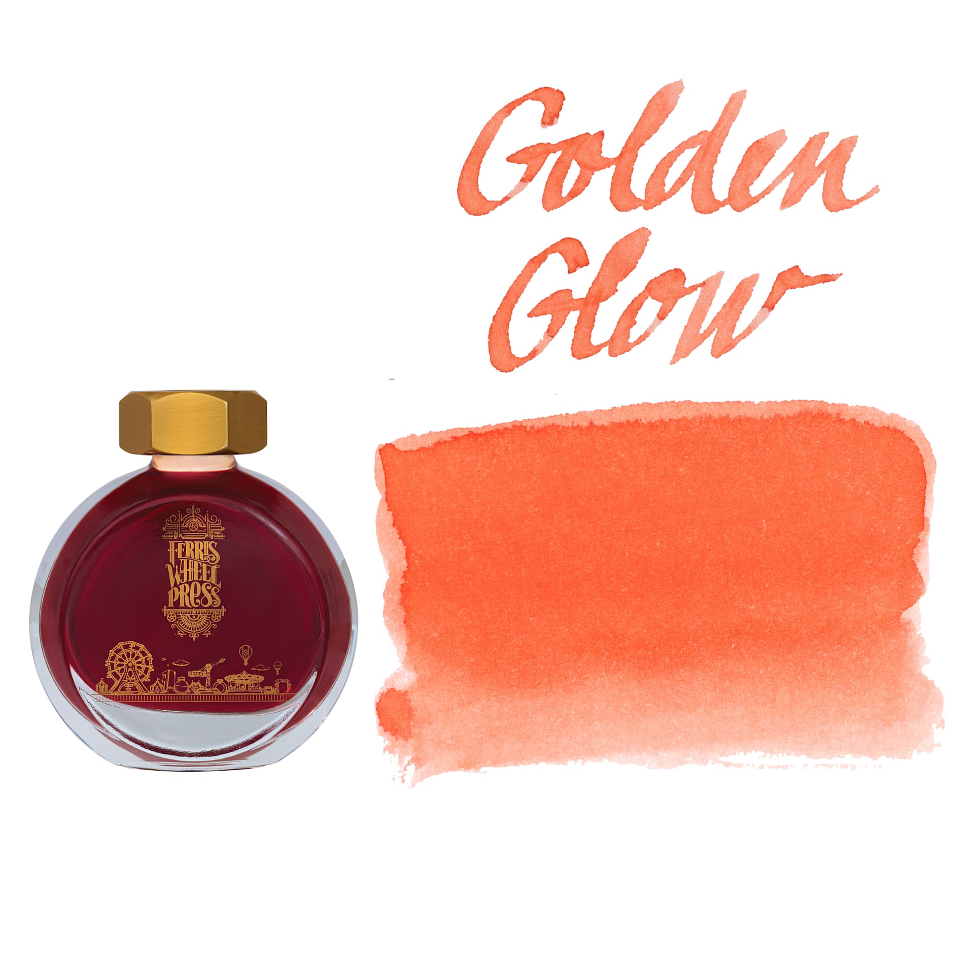 Ferris Wheel Press Fountain Pen Ink - Golden Gate Glow, swatch and bottle