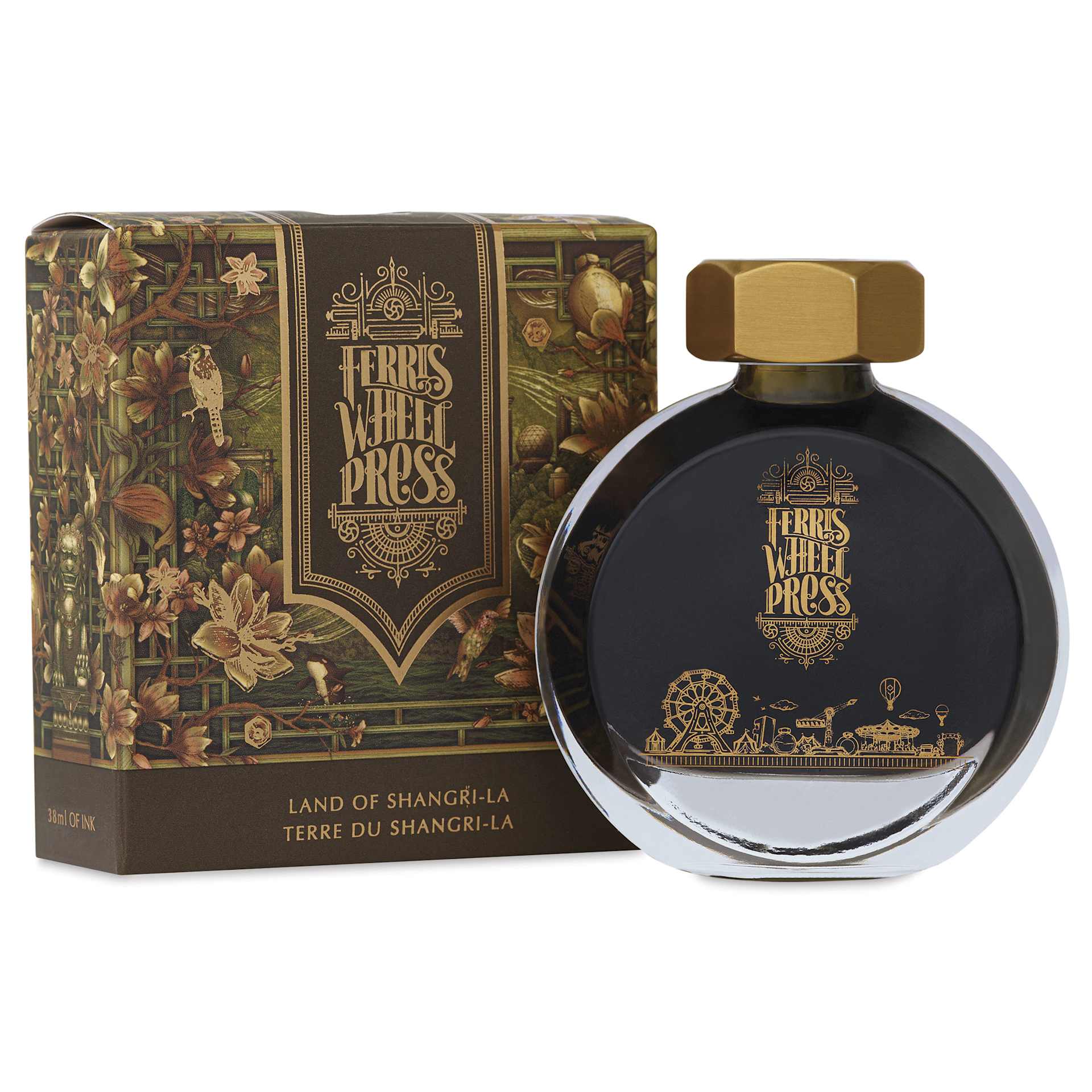 Ferris Wheel Press Fountain Pen Ink - Land of Shangri-la, 38 ml, bottle and packaging