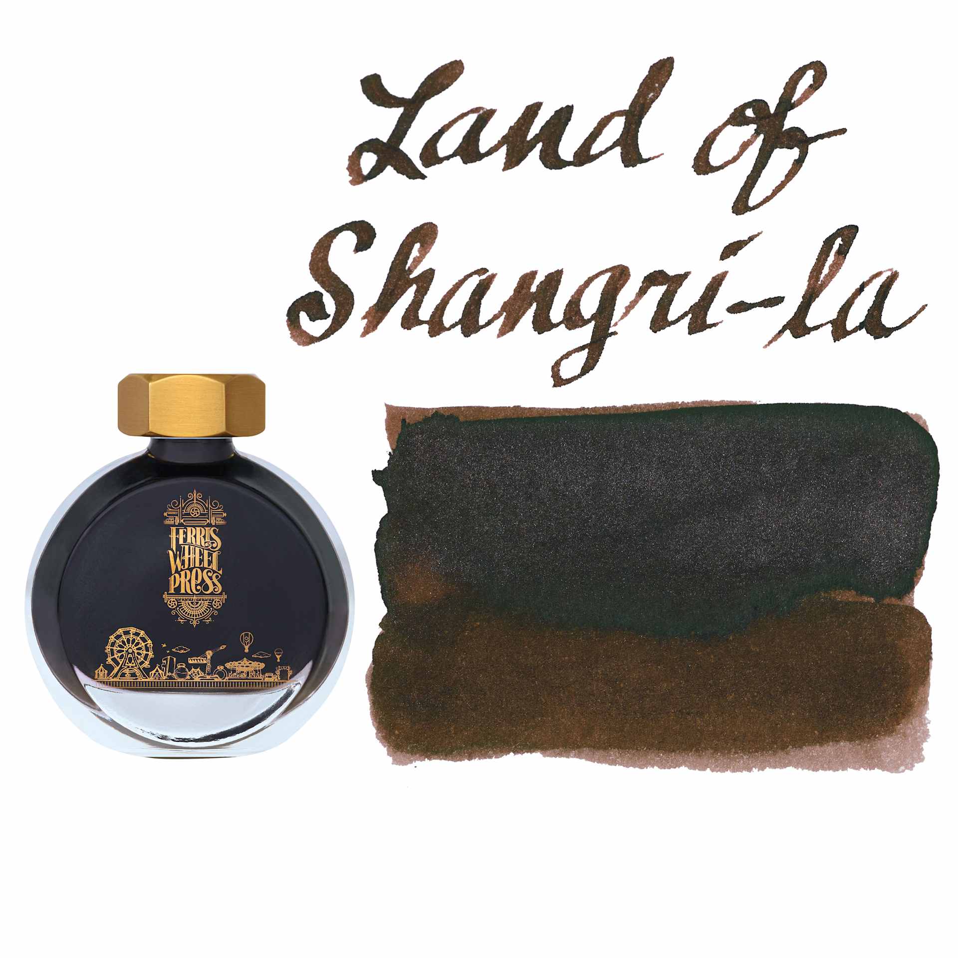 Ferris Wheel Press Fountain Pen Ink - Land of Shangri-la, swatch and bottle