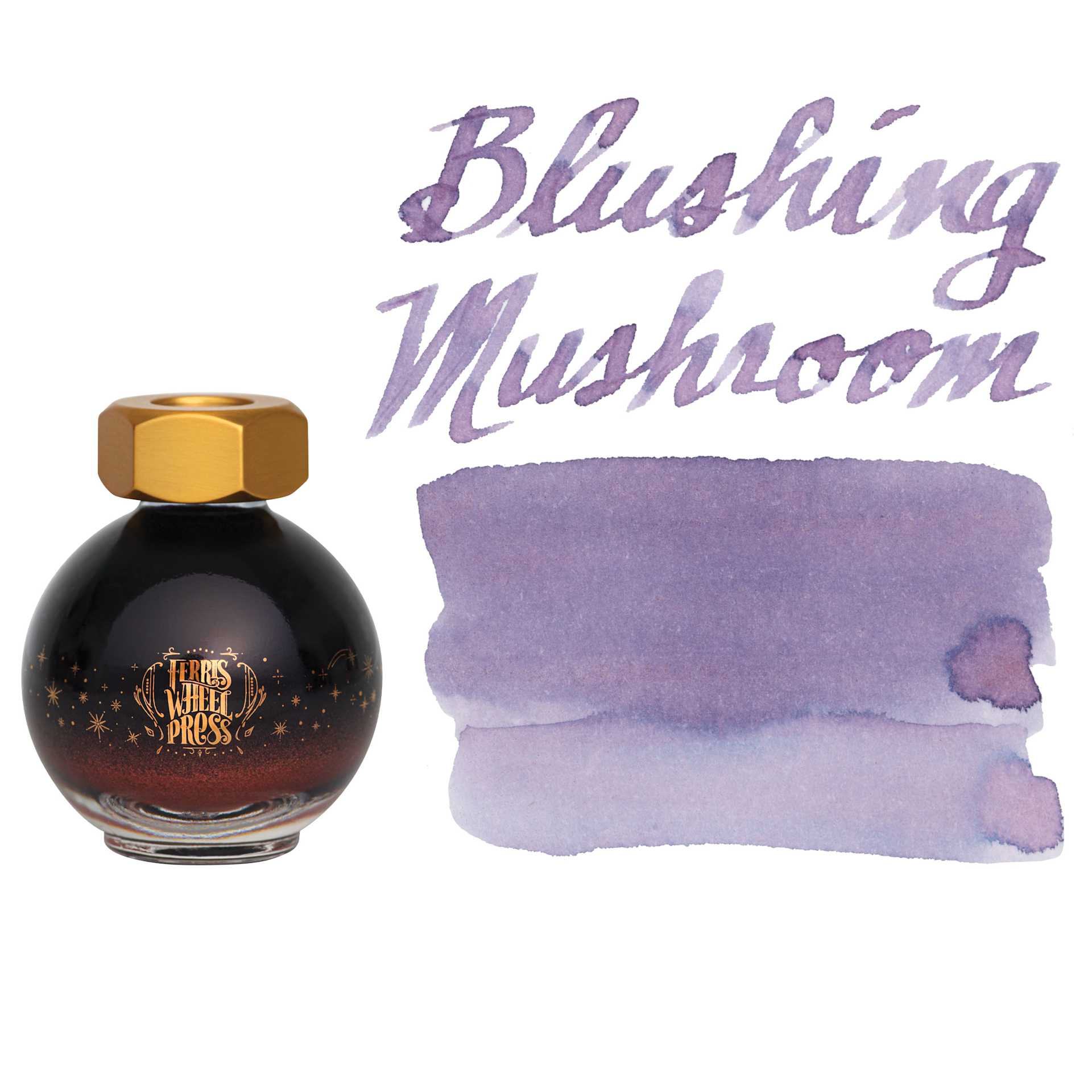 Ferris Wheel Press Ferritales Fountain Pen Ink - Blushing Mushroom, swatch and bottle
