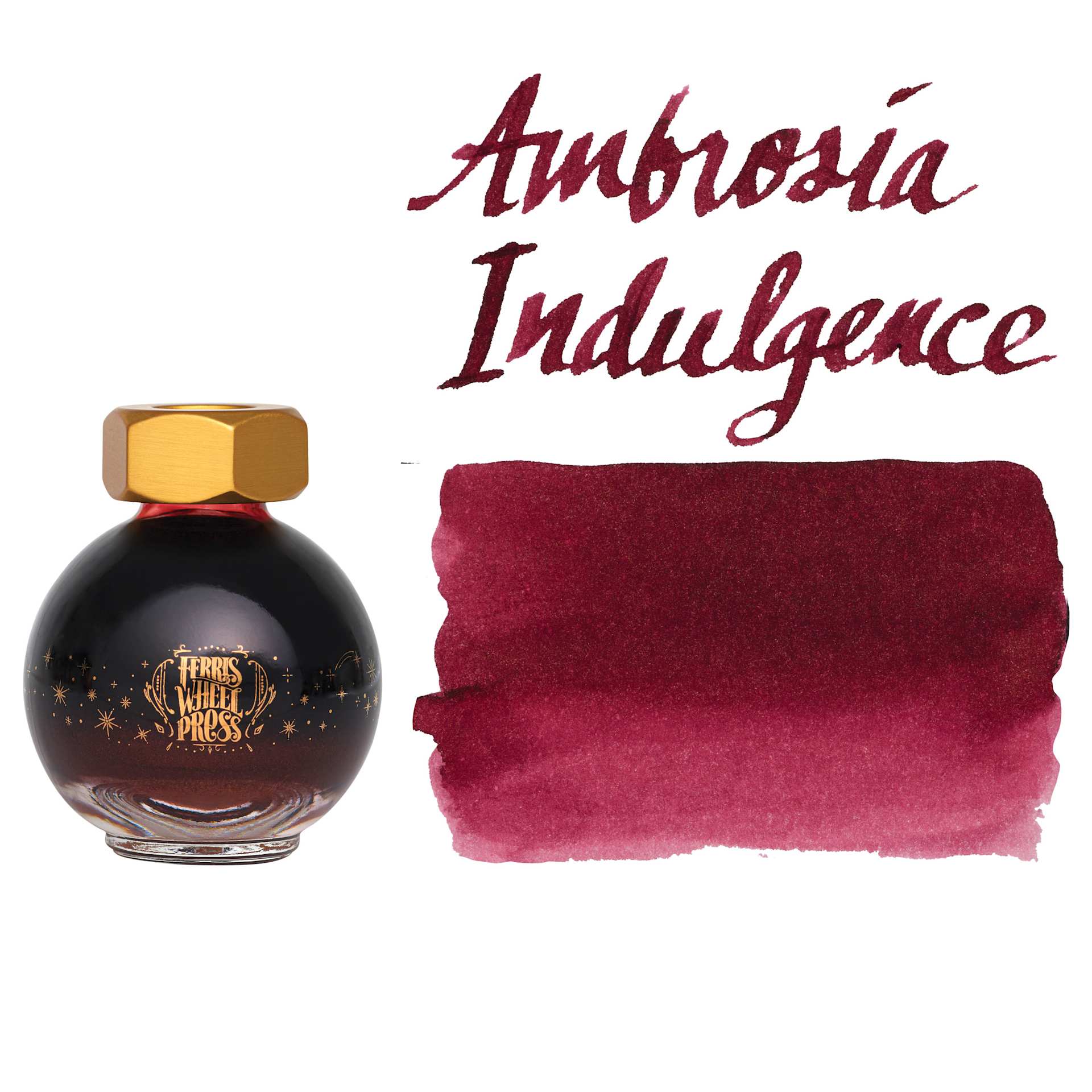 Ferris Wheel Press Ferritales Fountain Pen Ink - Ambrosia Indulgence, swatch and bottle