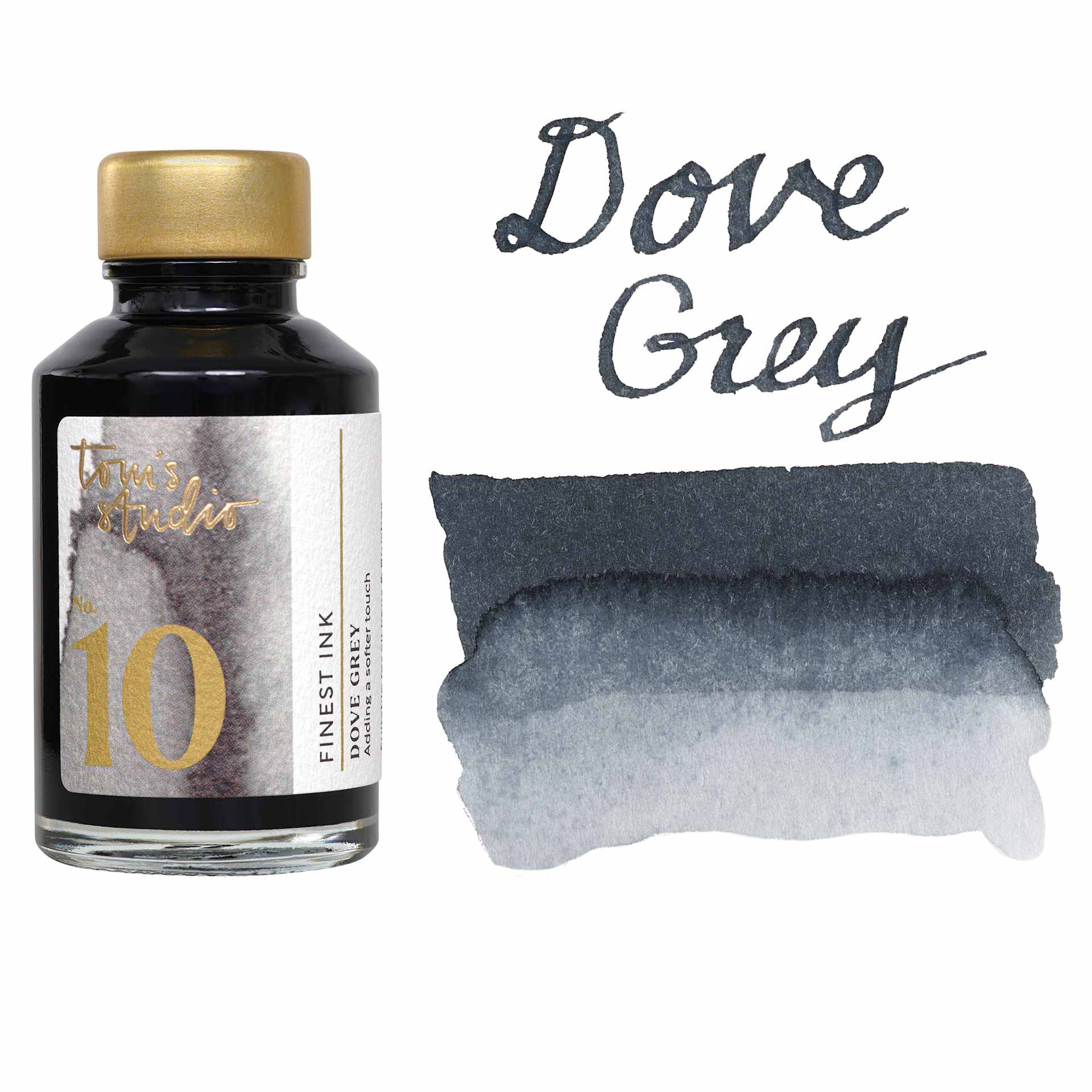 Tom's Studio Fountain Pen Ink - 50 ml, Dove Grey, bottle with swatch
