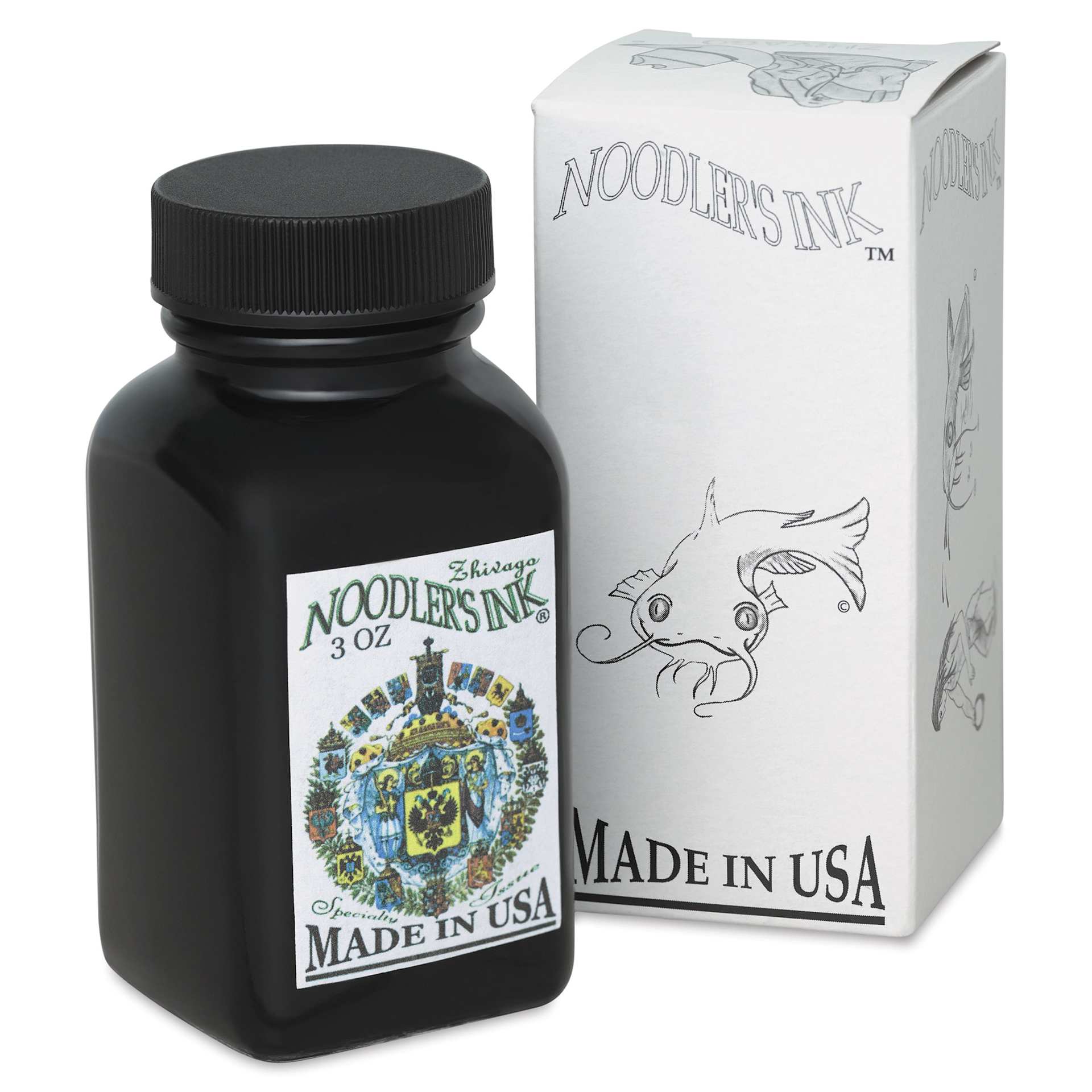 Noodler's Ink Fountain Pen Ink - Zhivago, bottle next to packaging box