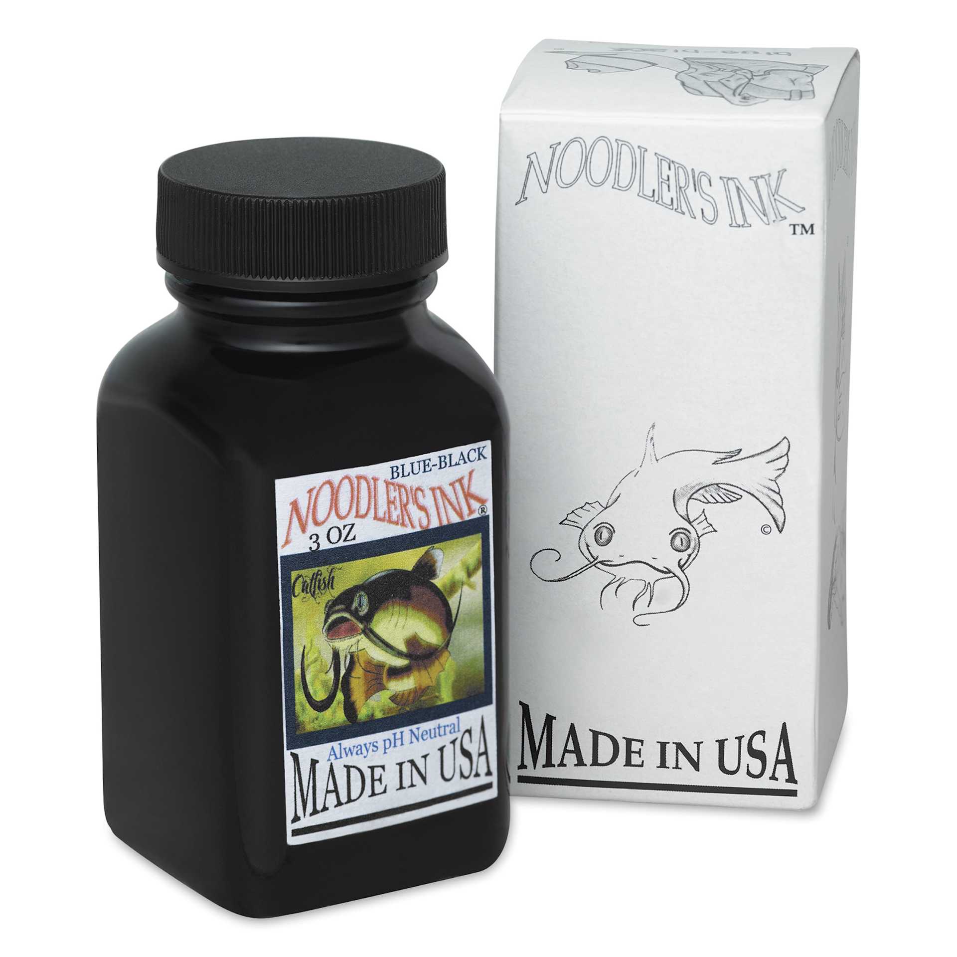 Noodler's Ink Fountain Pen Ink - Blue-Black, bottle next to the packaging box