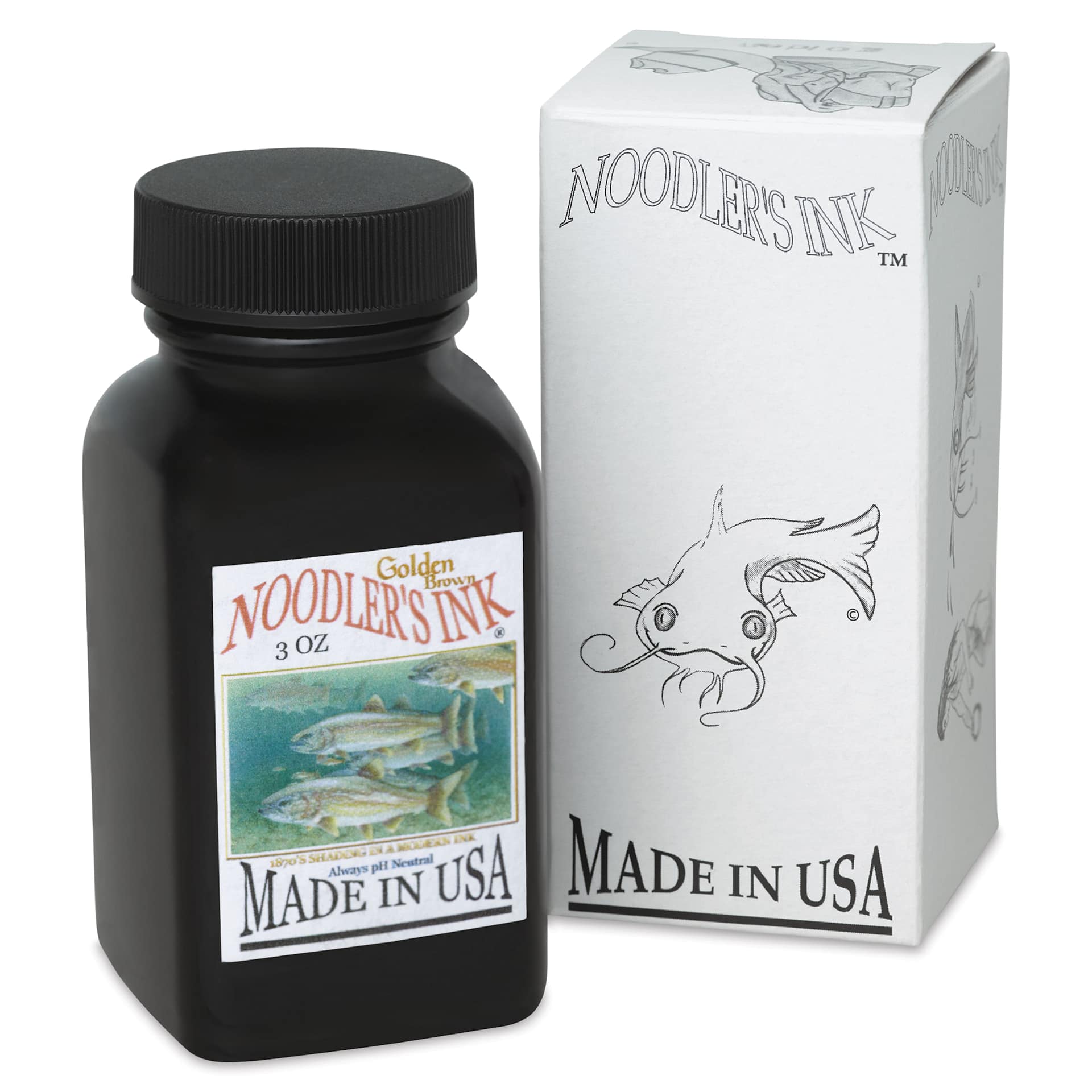 Noodler's Ink Fountain Pen Ink - Golden Brown, bottle next to packaging box
