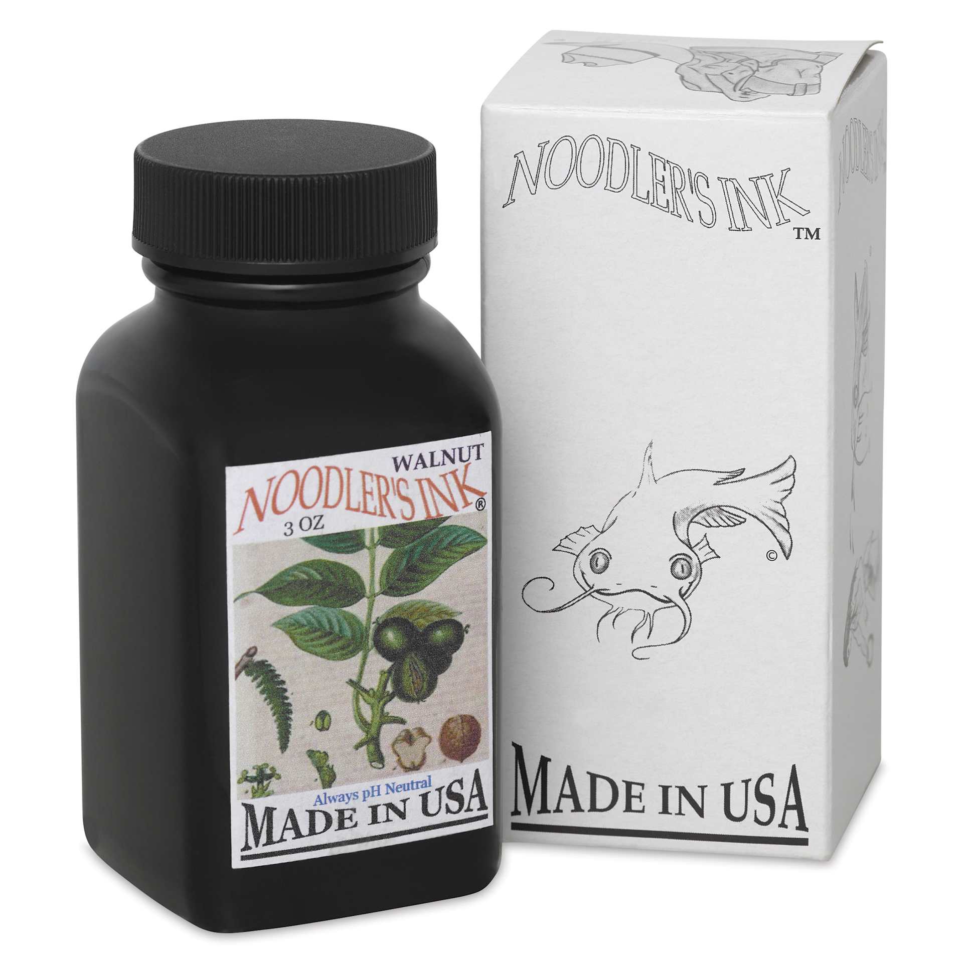 Noodler's Ink Fountain Pen Ink - Walnut, bottle next to packaging box