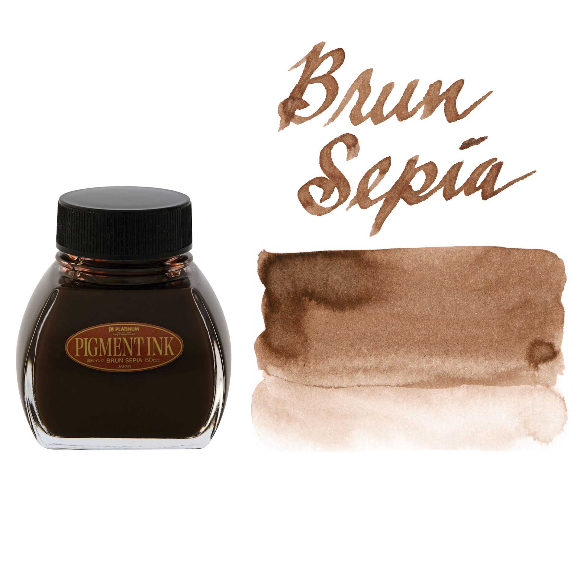 Platinum Pigment Ink - Brun Sepia, 60 ml, bottle with swatch
