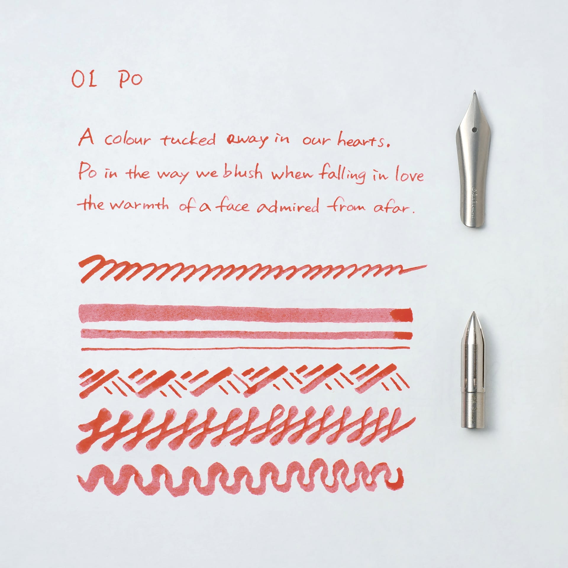 Kakimori Pigment Ink - 01 Po, ink and pen stroke swatch comparison between nibs (not included)