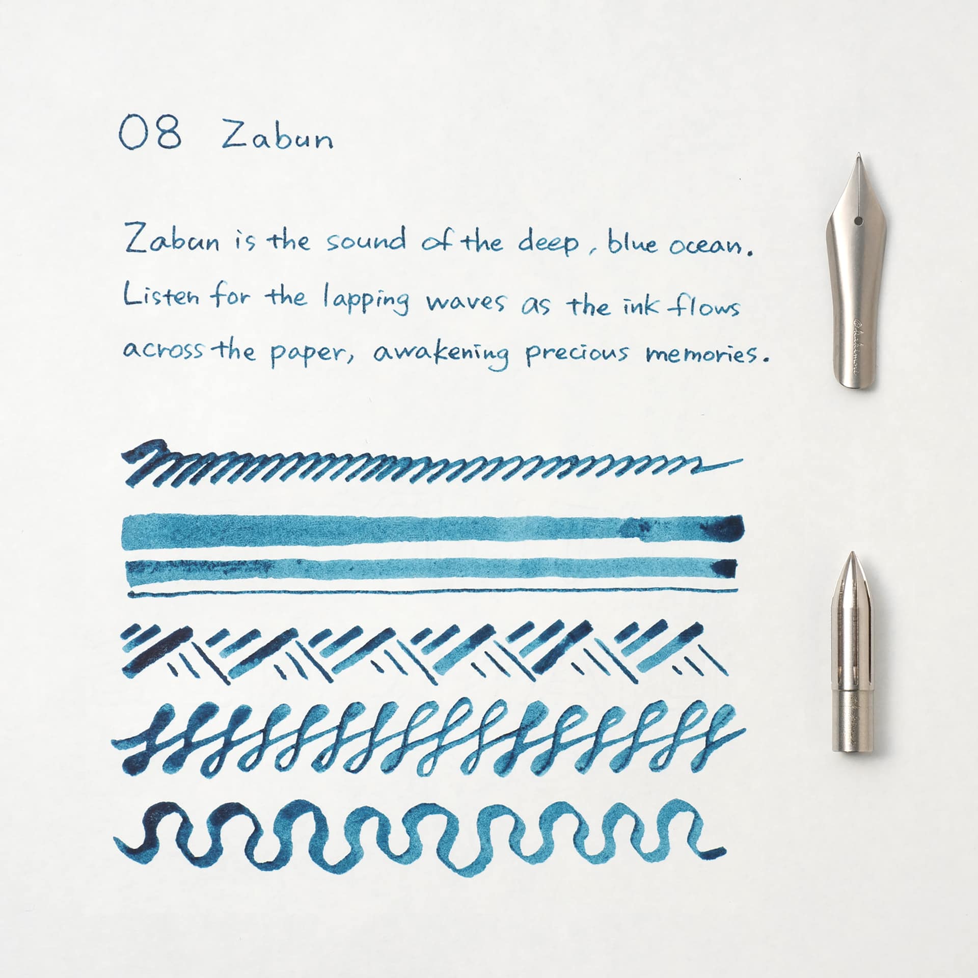 Kakimori Pigment Ink - 08 Zabun, ink and pen stroke swatch comparison between nibs (not included)