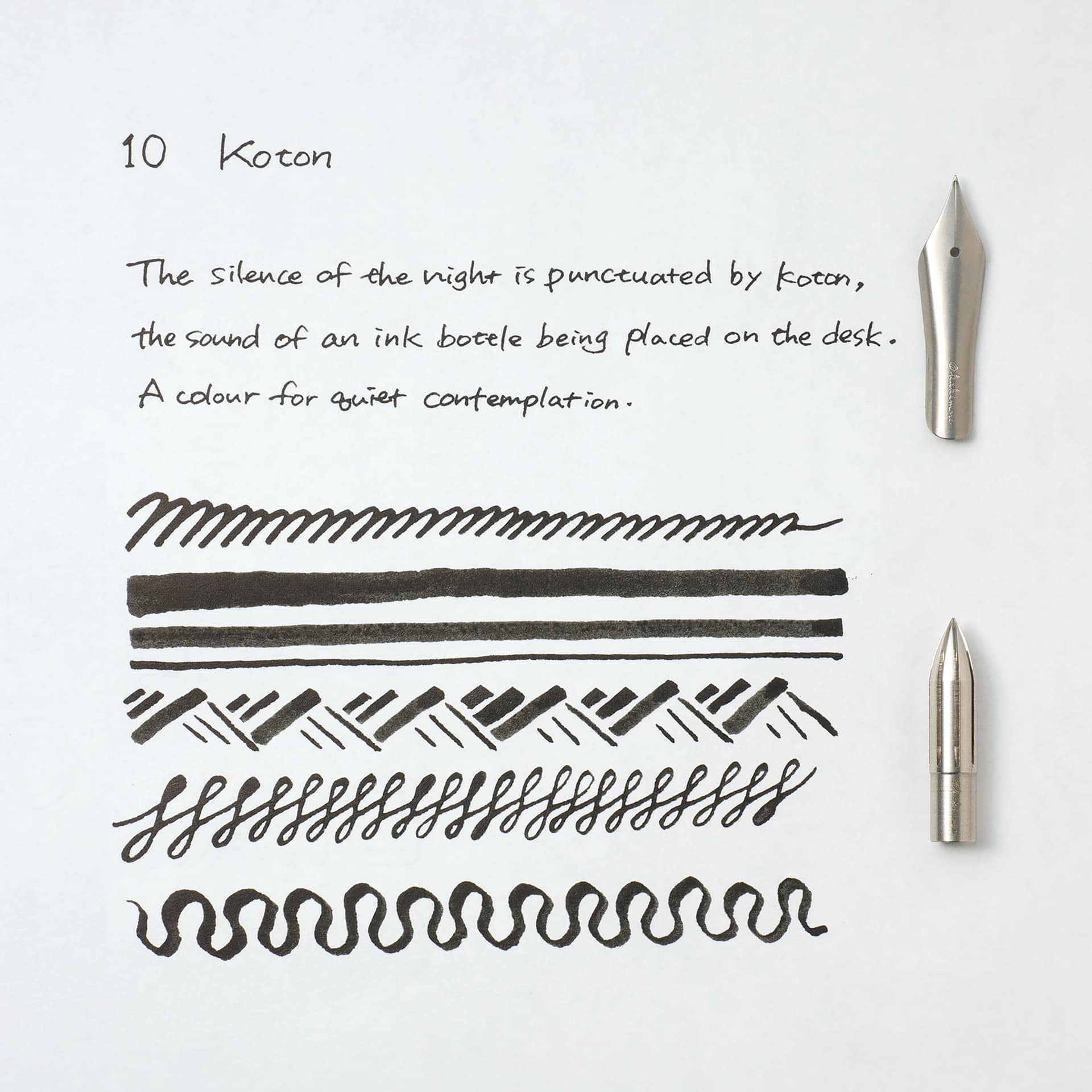Kakimori Pigment Ink - 10 Koton, ink and pen stroke swatch comparison between nibs (not included)