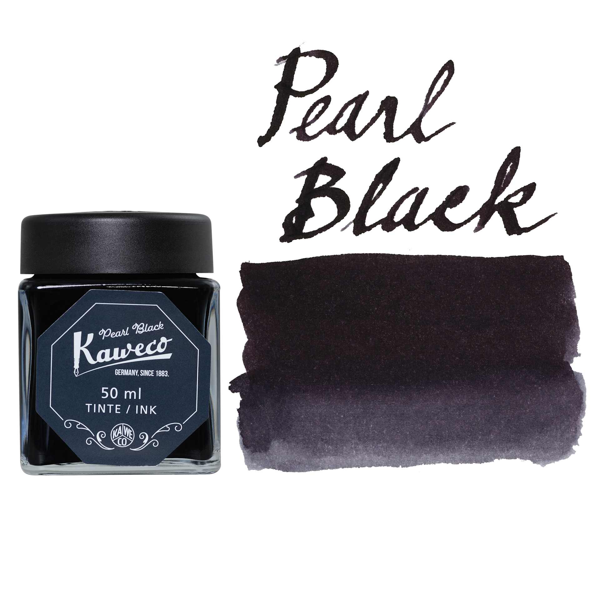 Kaweco Fountain Pen Ink - Pearl Black, swatch and bottle