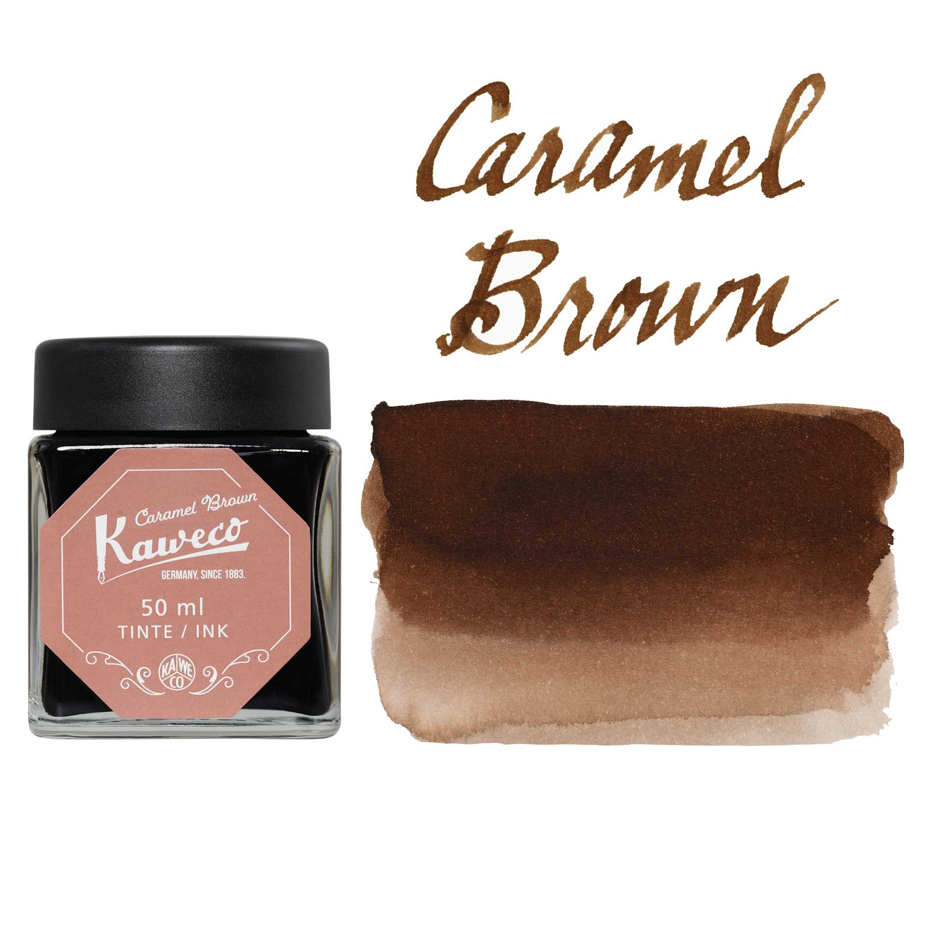 Kaweco Fountain Pen Ink - Caramel Brown, swatch and bottle