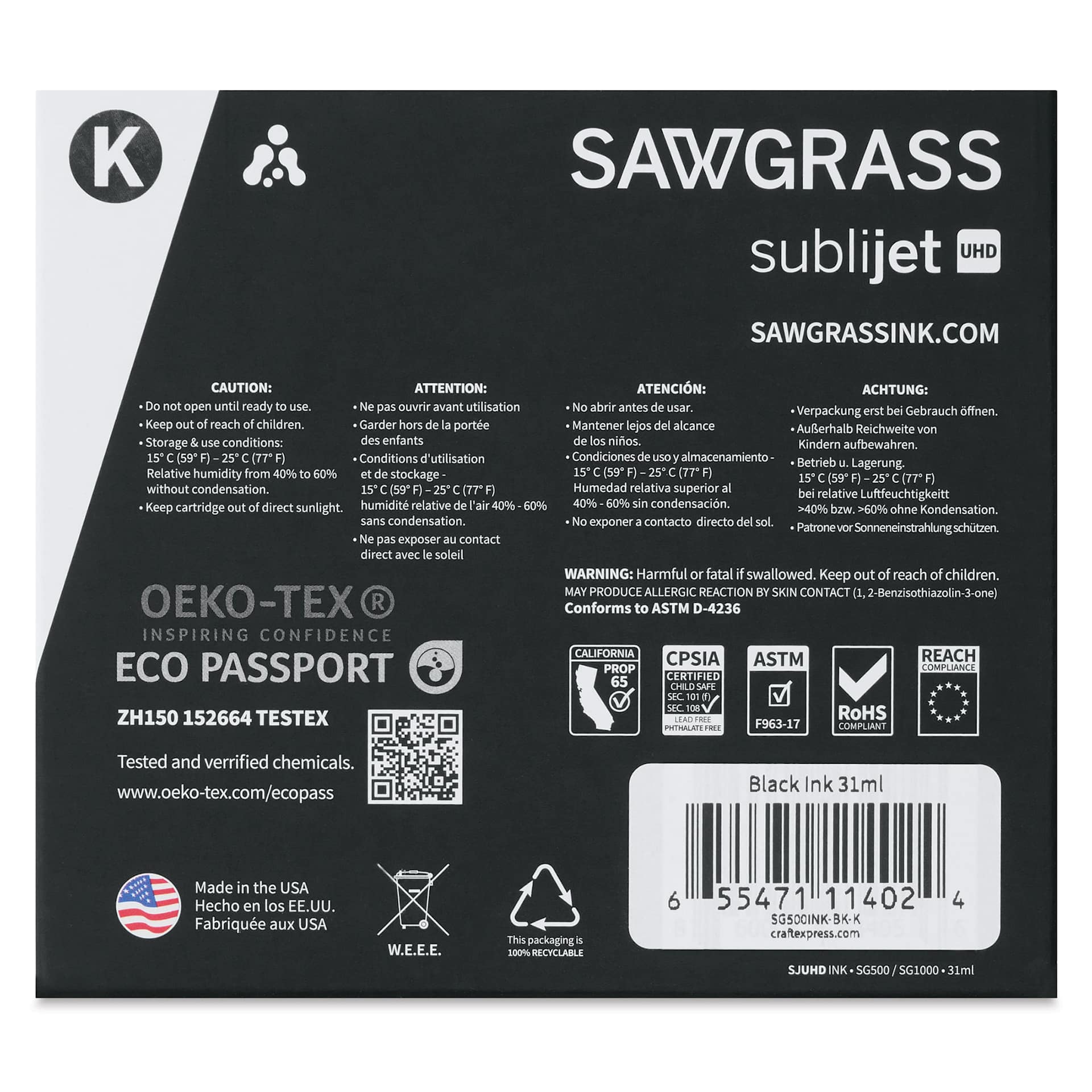 Sawgrass Sublijet Sublimation Printer Ink - Black (back of box)