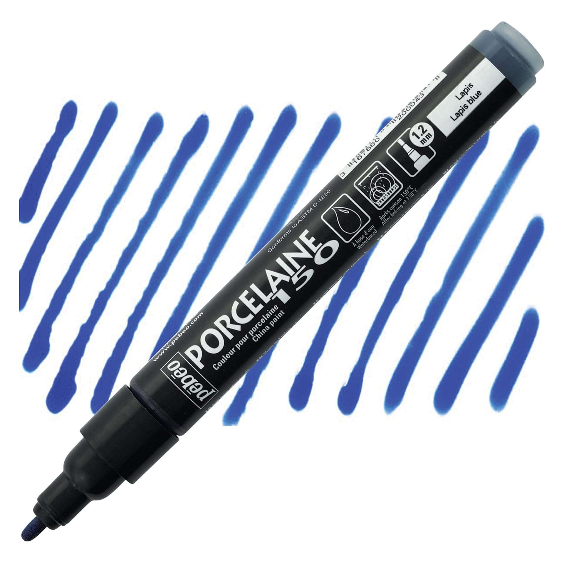 Pebeo Porcelaine 150 Paint Marker - Lapis Blue, Broad marker and swatch