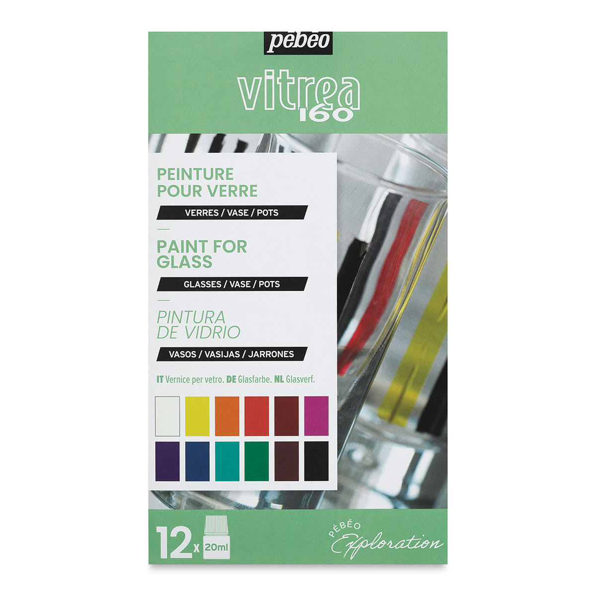 Pebeo Vitrea 160 Exploration Set, Set of 12, 20 ml bottles, Front Of Package