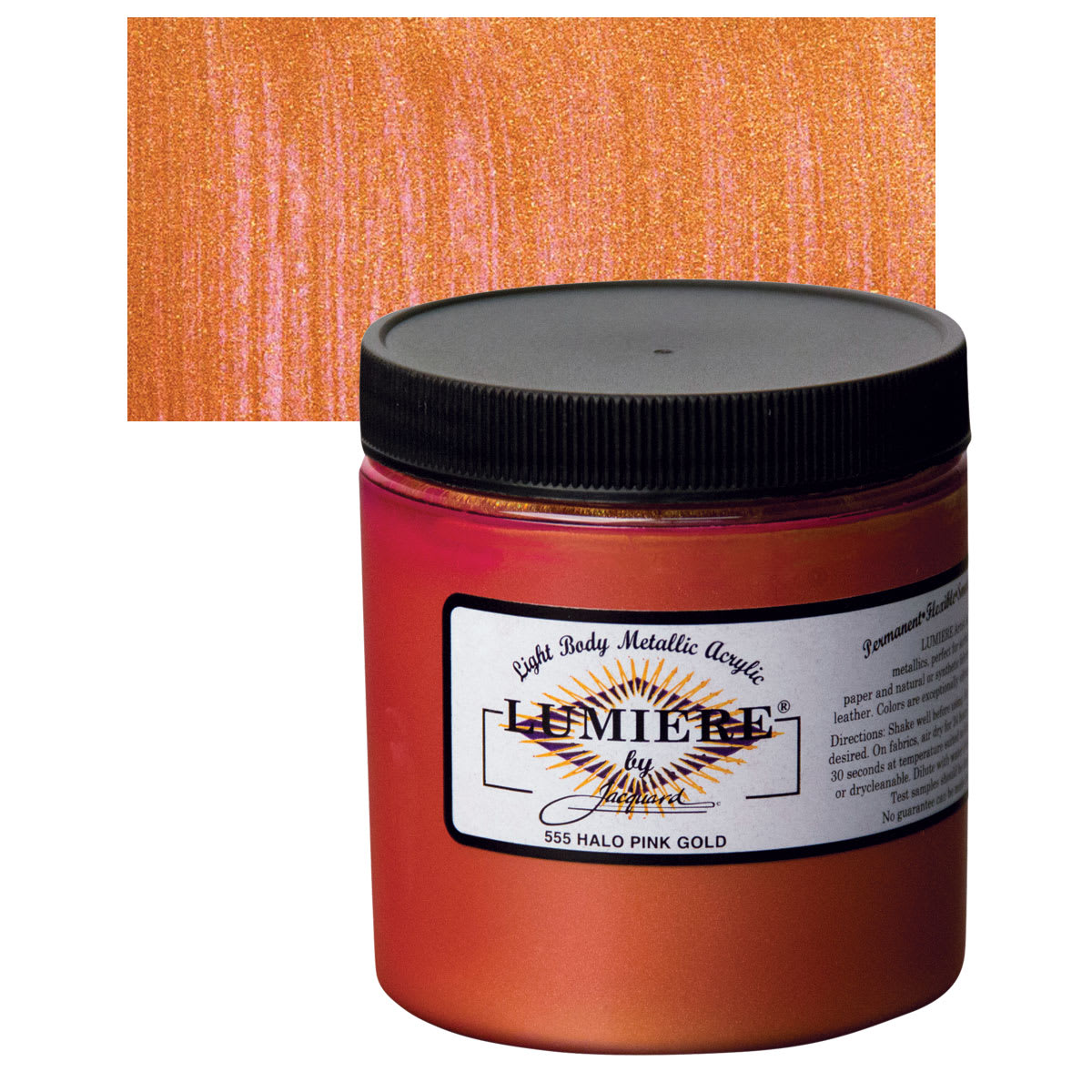 Jacquard Lumiere Acrylic - Halo Pink Gold, 8 oz Jar and swatch