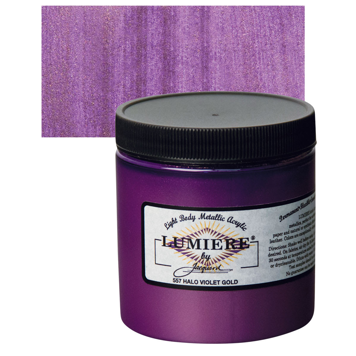Jacquard Lumiere Acrylic - Halo Violet Gold, 8 oz Jar and swatch