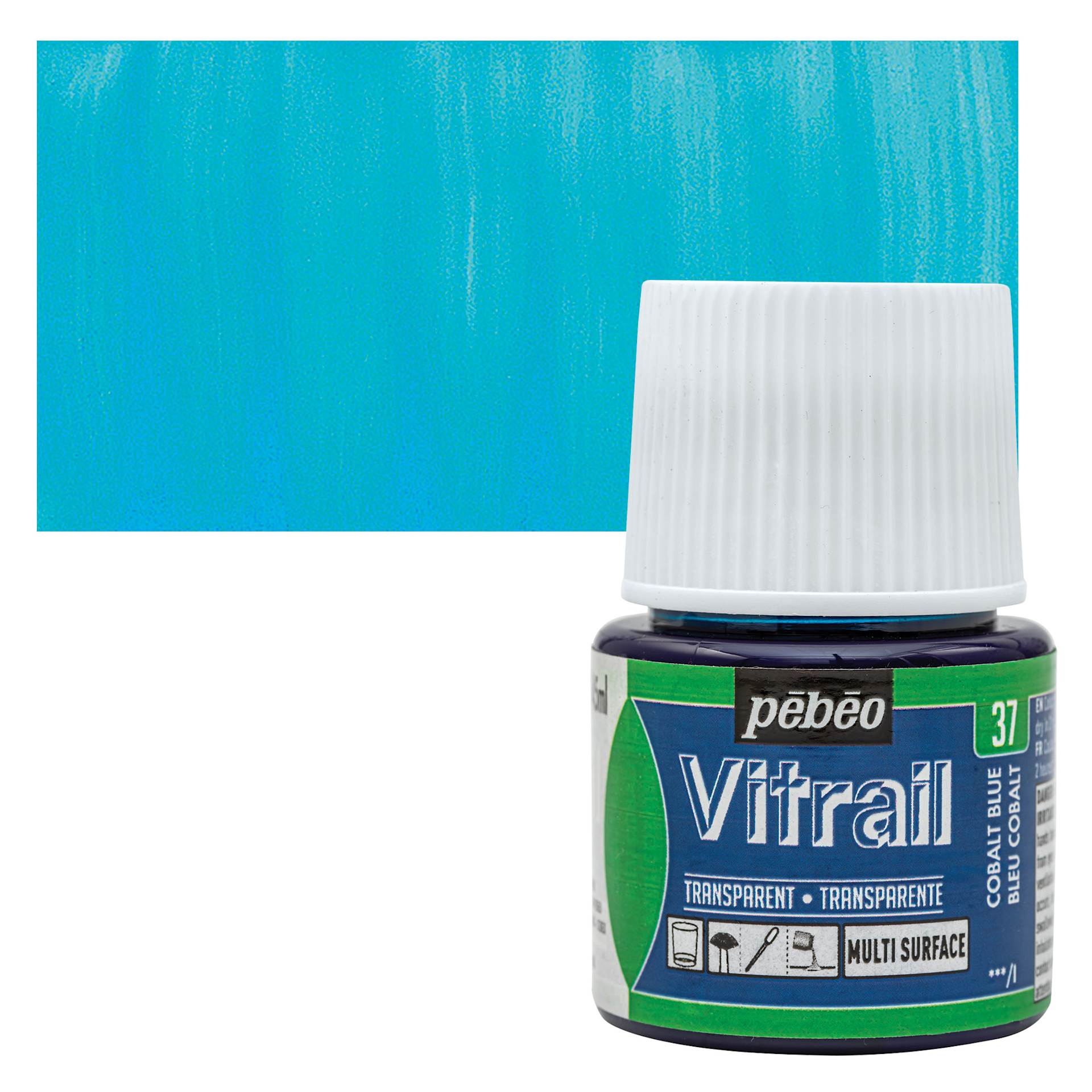 Pebeo Vitrail Paint - Cobalt, 45 ml bottle and swatch