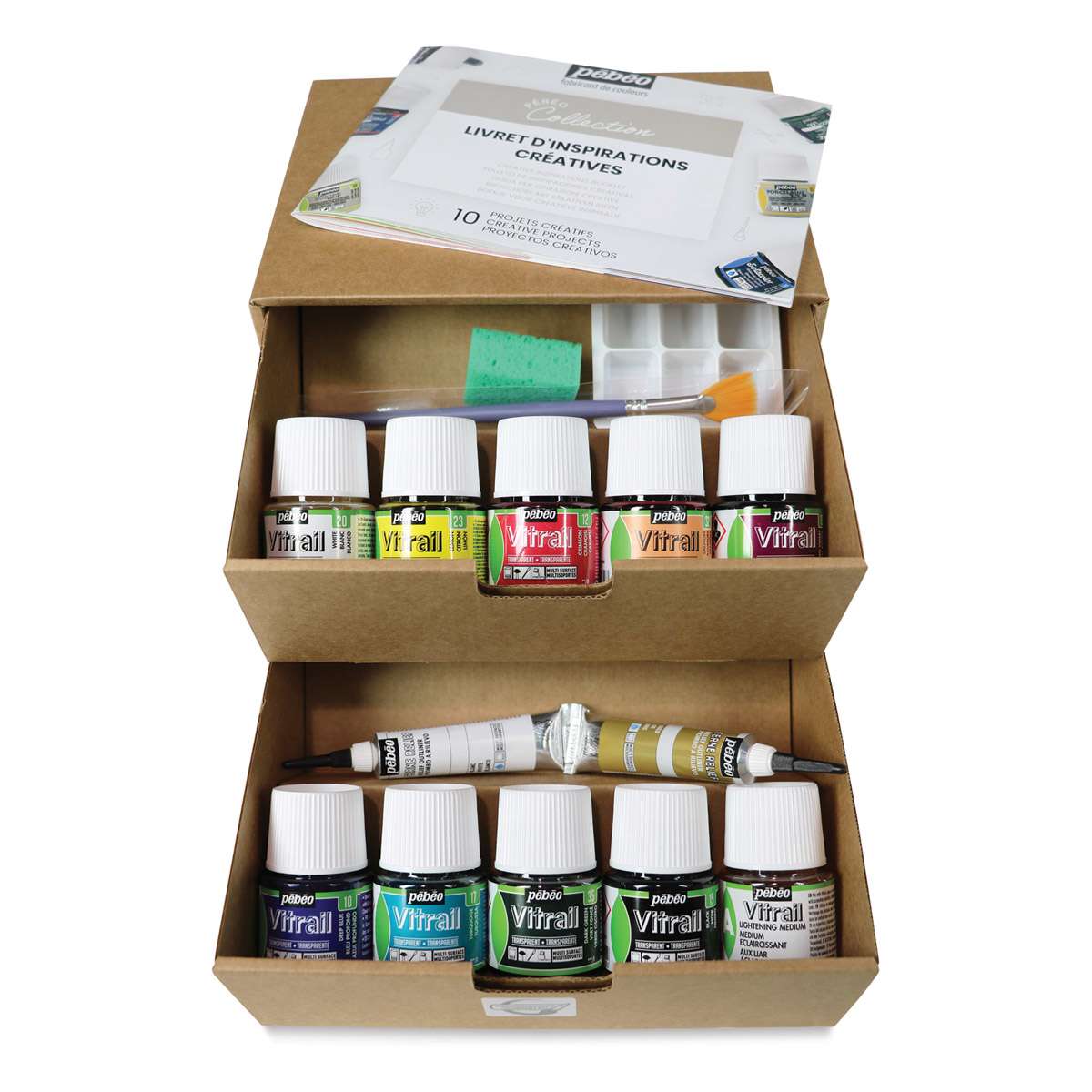 Pebeo Vitrail Paint - Collection Case,  Set of 10 Colors 45 ml bottles shown in open package