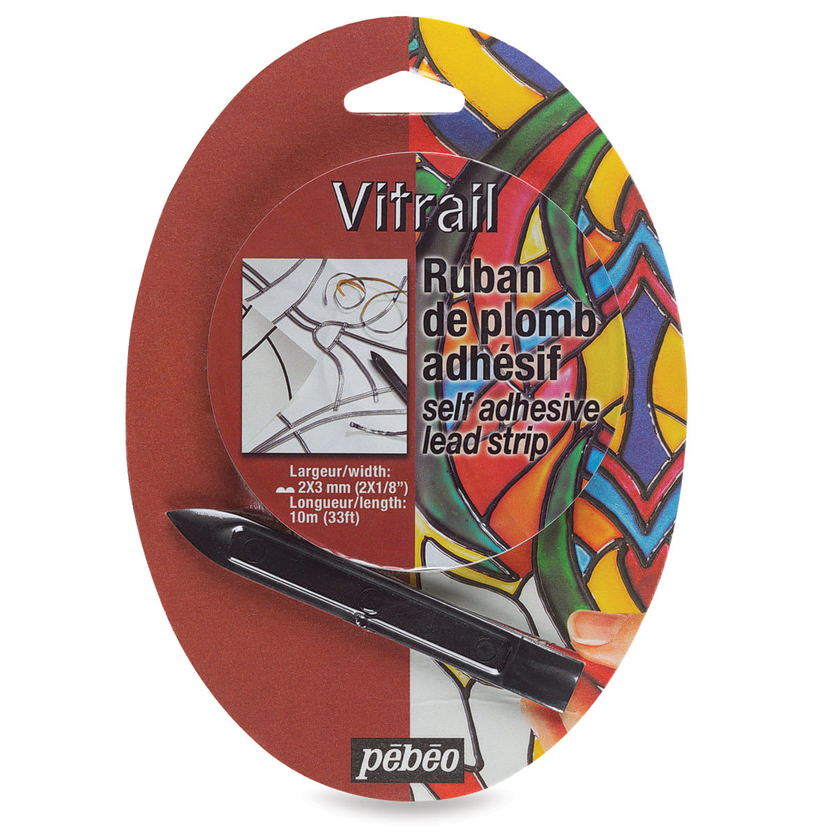 Pebeo Self-Adhesive Lead Strip - Front of package showing lead strip roll and tool