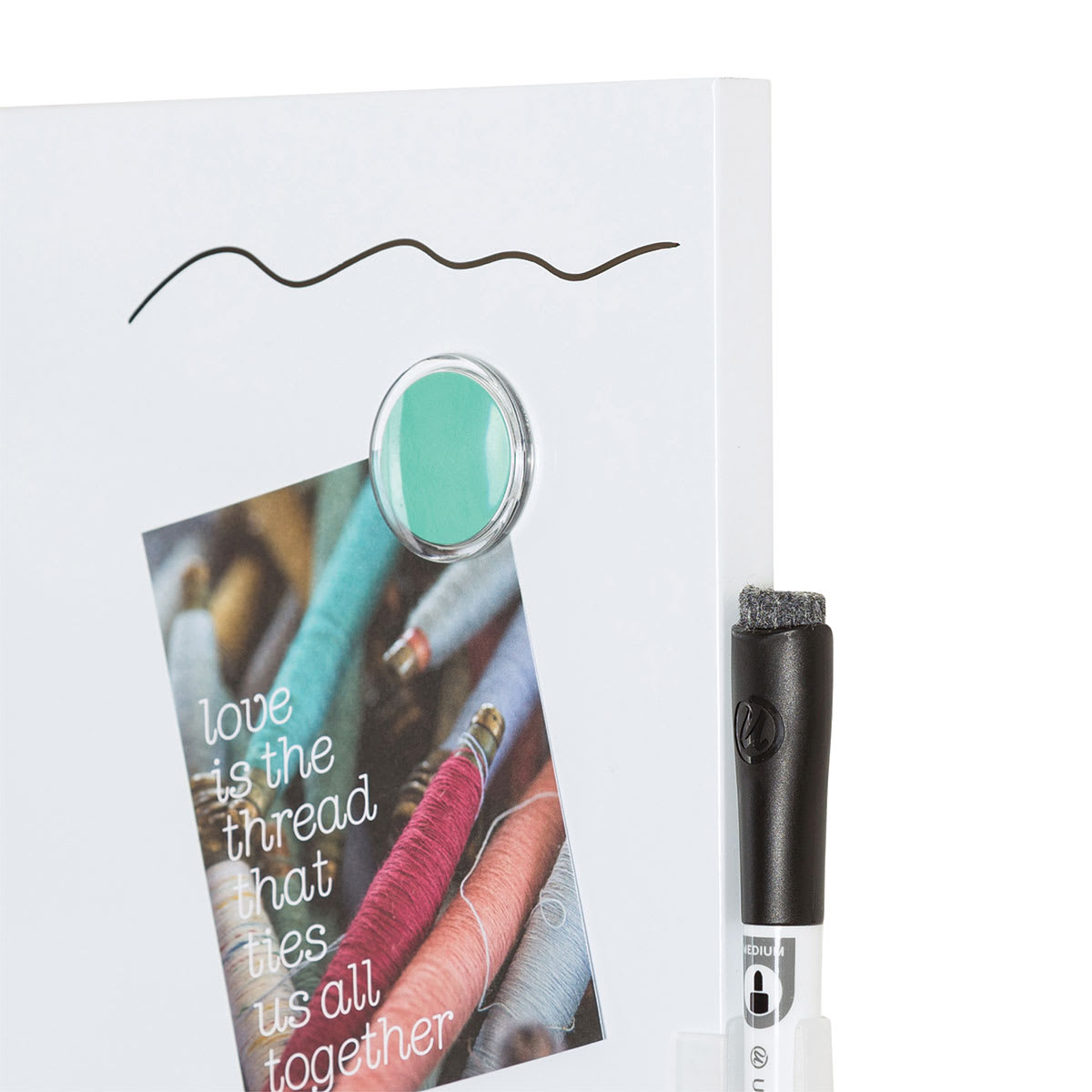 U Brands Dry Erase Tile Boards - Closeup of blank board with writing and magnet holding paper