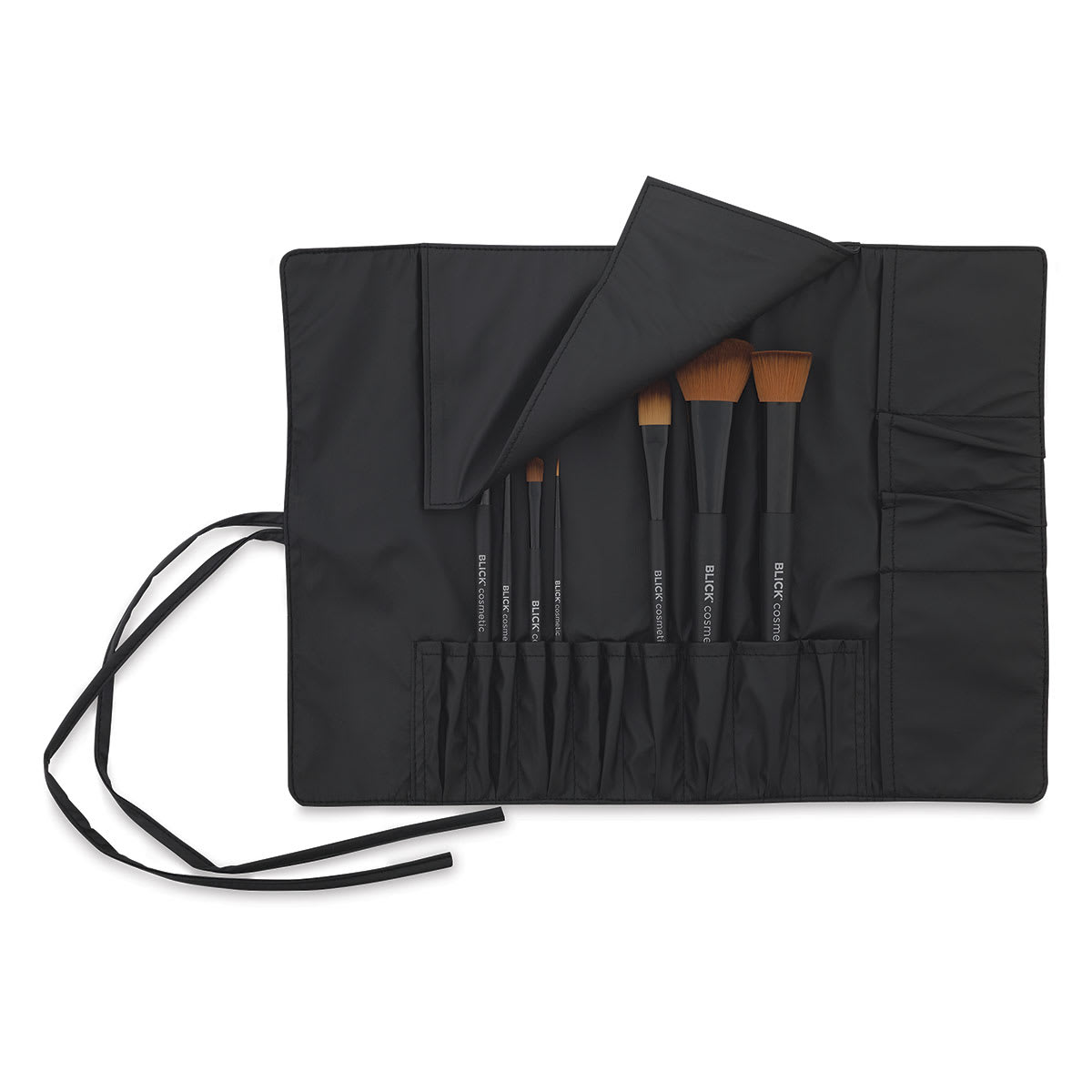 Blick Cosmetic Travel Brush Roll - unrolled with brushes in slots (brushes not included)
