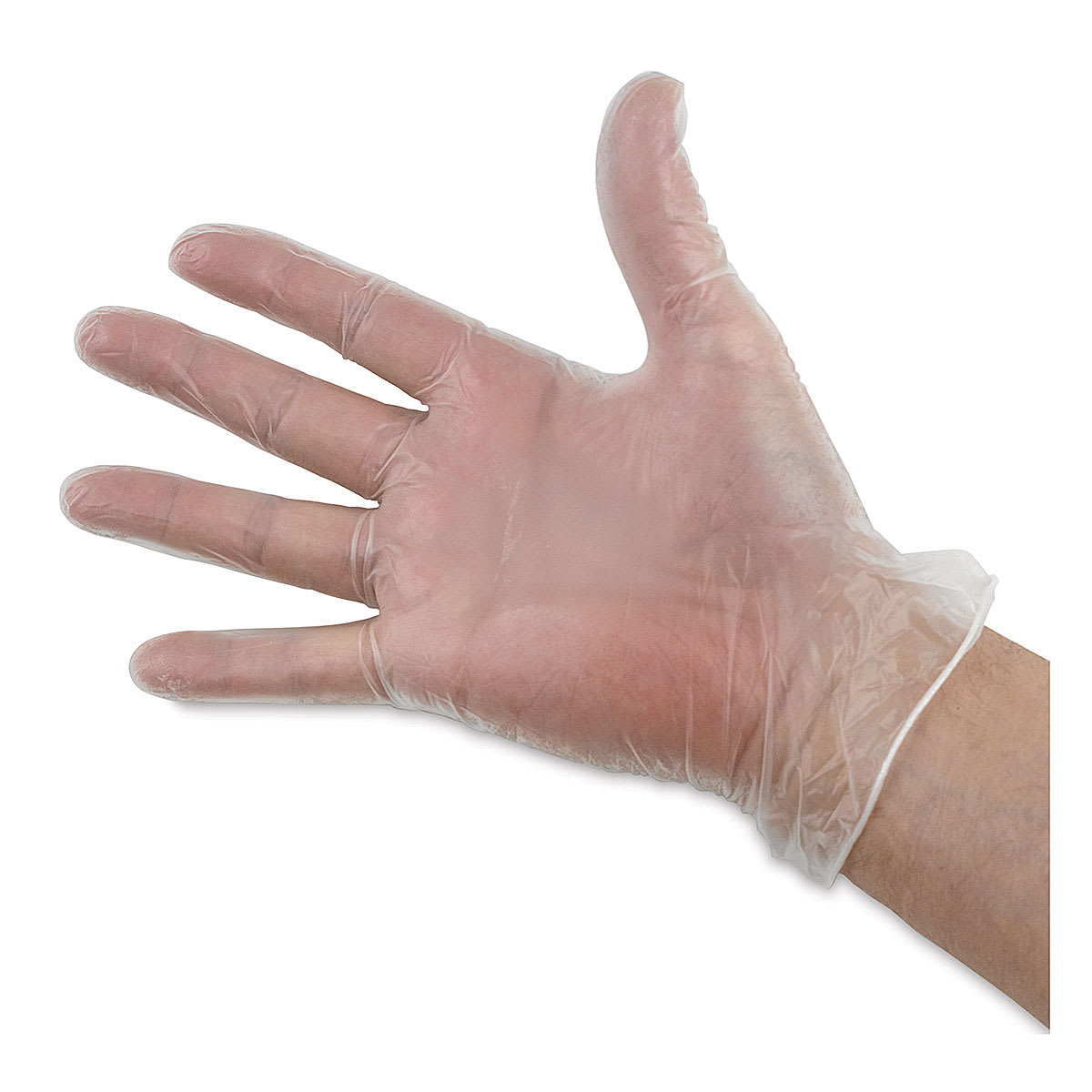 Grafix Edge Vinyl Gloves - Another view of clear glove on extended hand