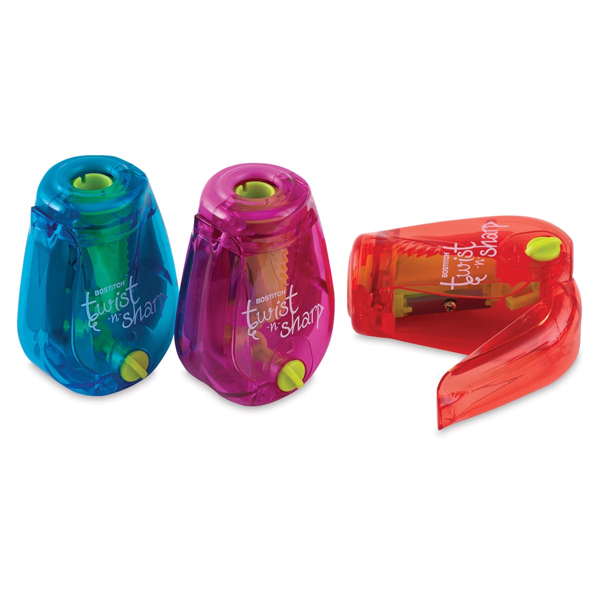 Bostitch Twist-n-Sharp Pencil Sharpener - Three sharpeners shown with one sideways and open