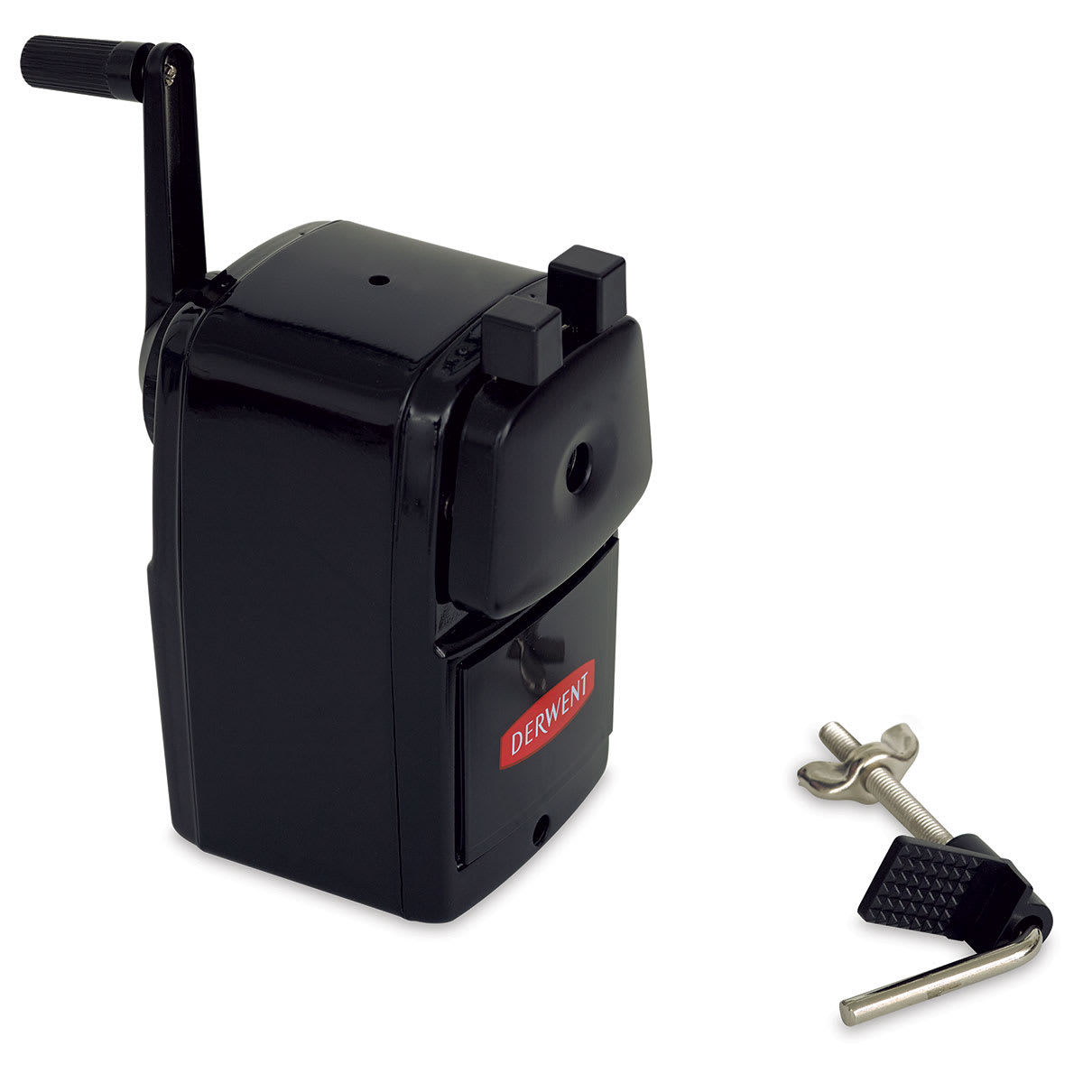 Derwent SuperPoint Manual Pencil Sharpener - Angled view of sharpener with table clamp adjacent