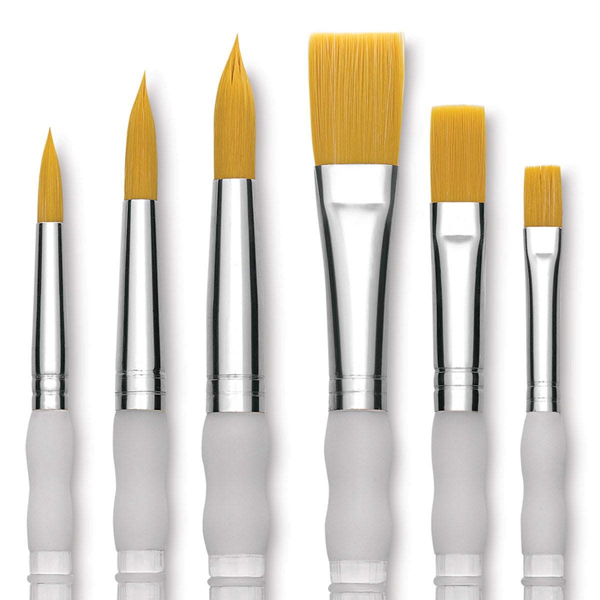 Royal Langnickel Soft Grip Golden Taklon Brush Set - Flats and Rounds Set of 72, close up