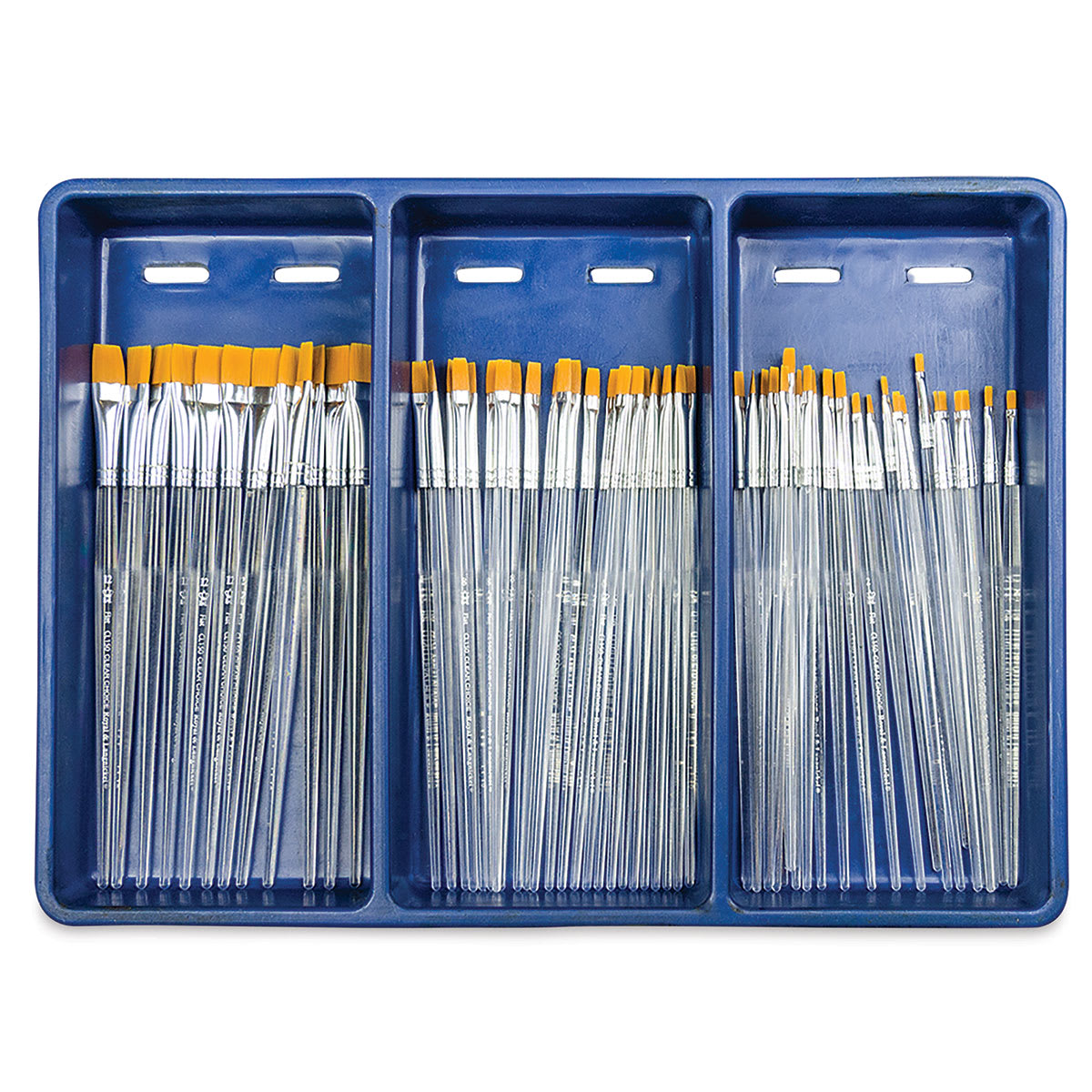 Royal Langnickel Clear Choice Brush Set - Golden Taklon, Flat, Set of 60, Short Handle, in open packaging