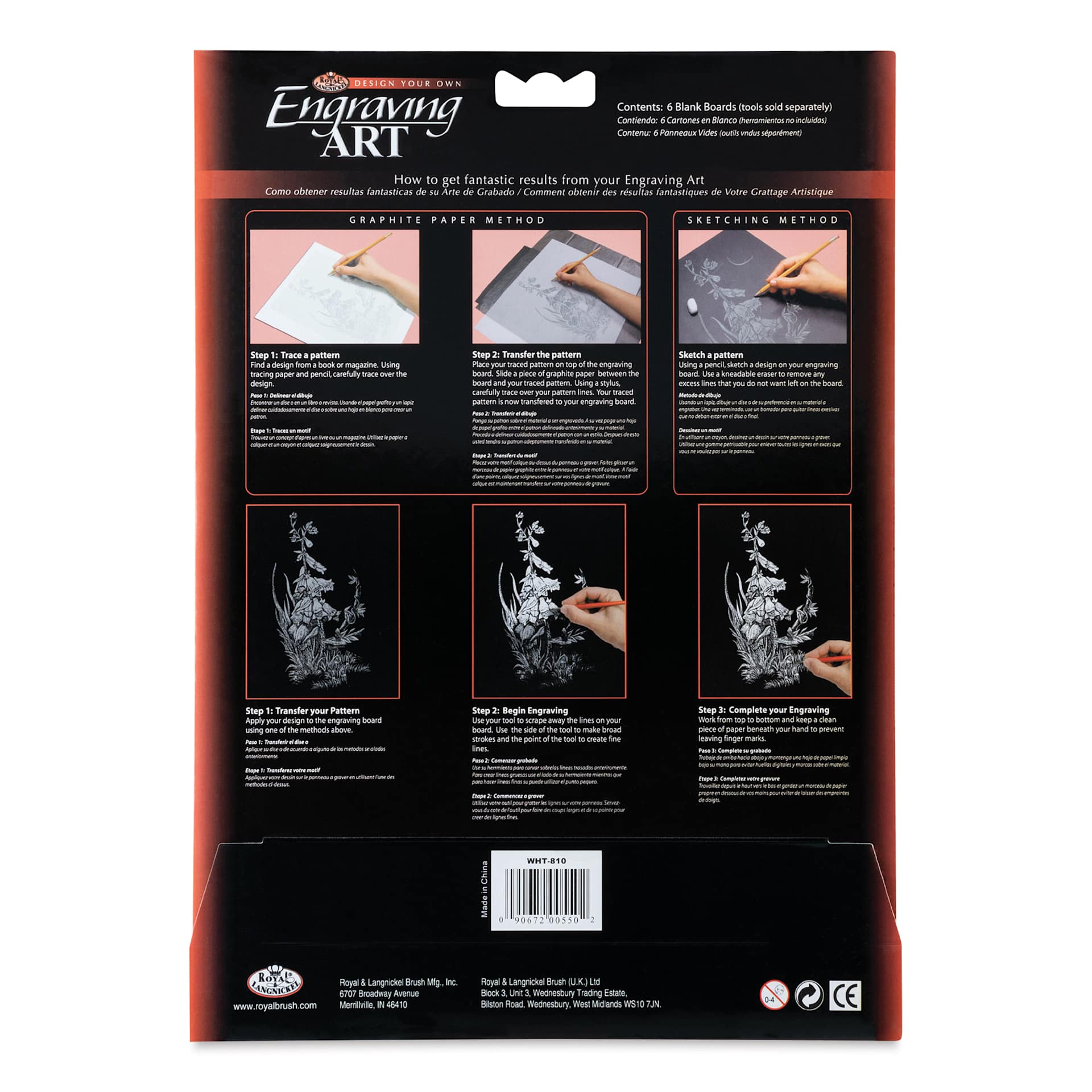 Royal & Langnickel Engraving Art Blank Board - White Foil, 8" x 10", Pkg of 6 back of packaging