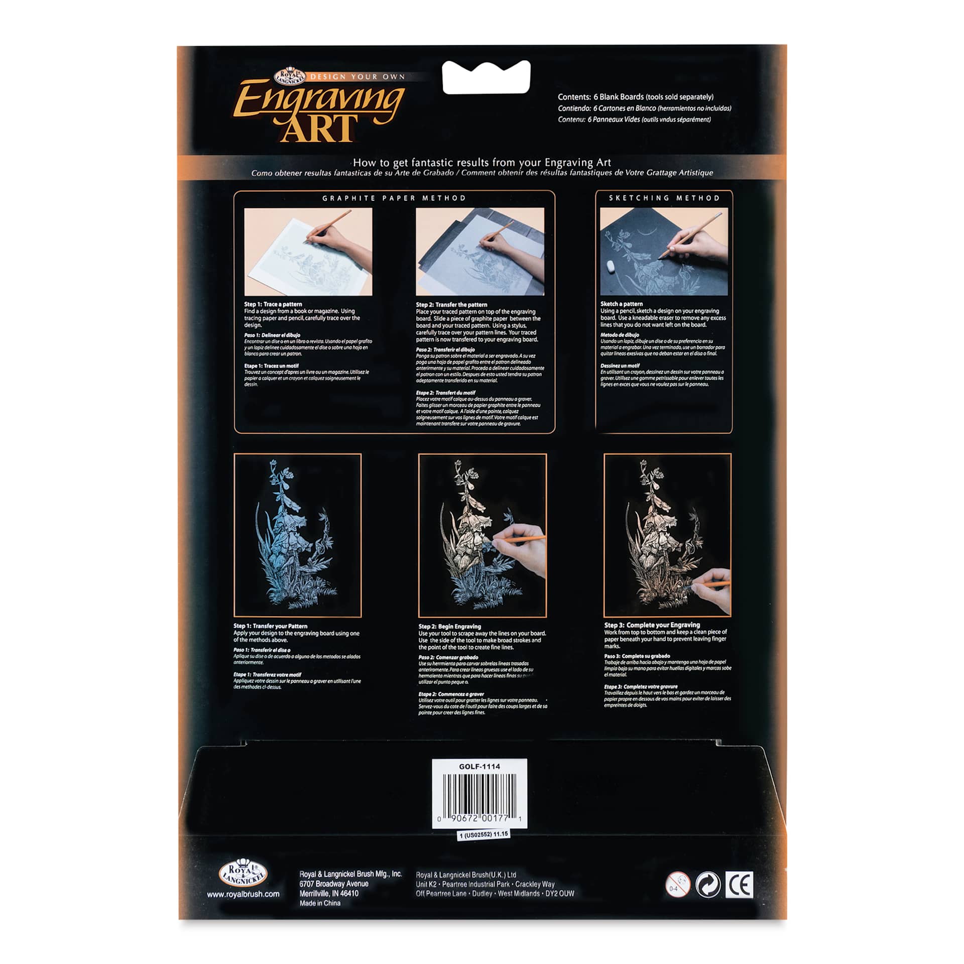 Royal & Langnickel Engraving Art Blank Board - Gold Foil, 11" x 14", Pkg of 6 back of packaging